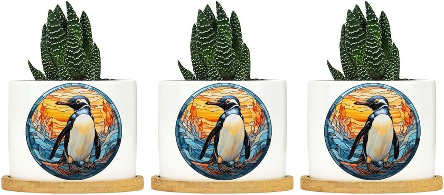 Penguin Stained Glass Ceramic Plant Pots Set of 3 Christmas Party Ceramic Pots for Indoor Plants with Drainage Hole Gifts for Mom Garden Pots for Indoor Plants Outdoor
