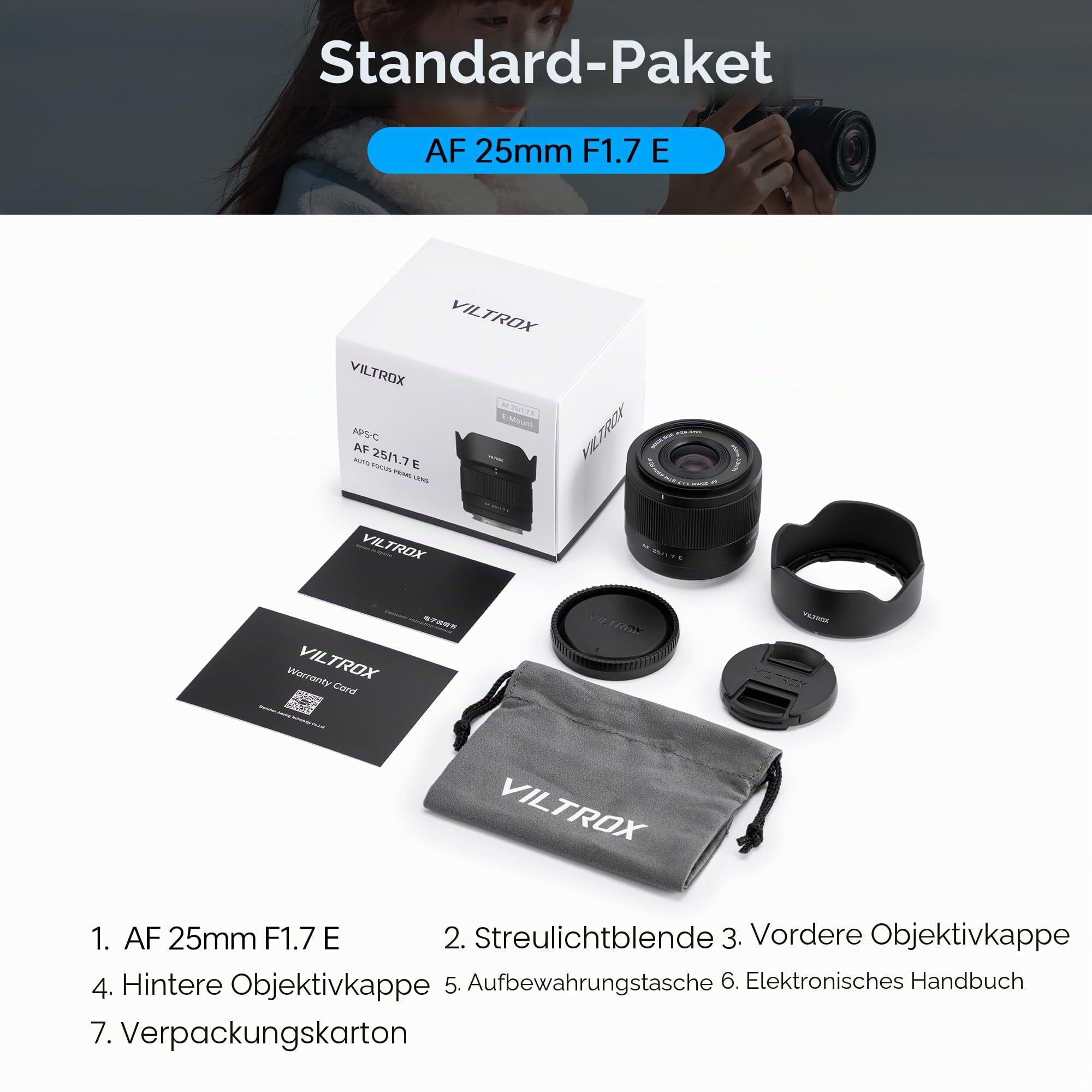 VILTROX AF 25mm F1.7 Air E Objektiv für Sony E-Mount, f/1.7 APS-C Autofokus Festbrennweite, kompatibel mit spiegellosen Sony E-Mount Kameras ZV-E10 II, EV10, a6700, a6600, a6400, a7c II, a7rv, a7iii