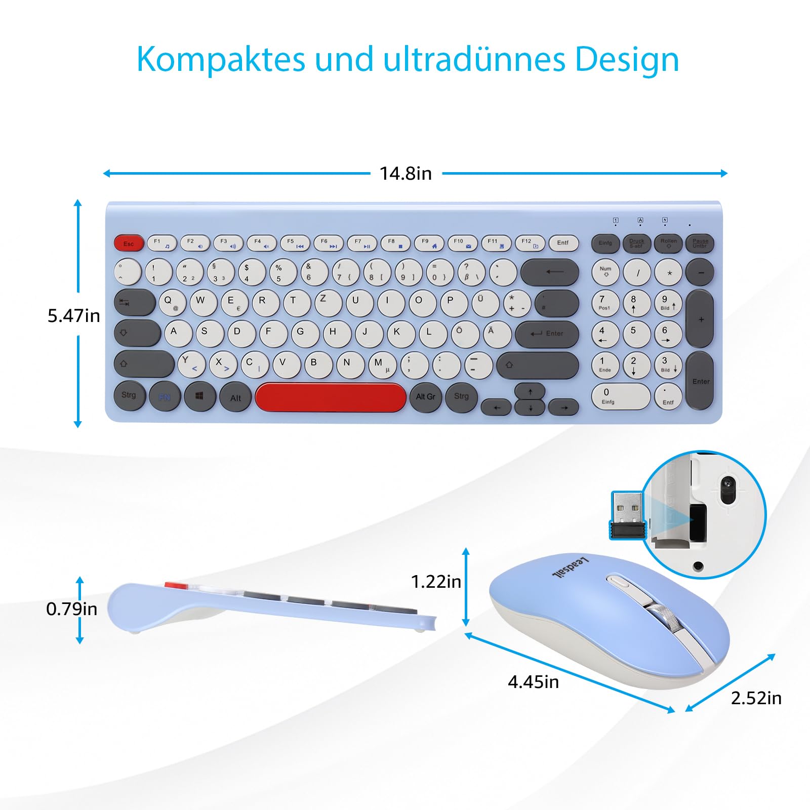 LeadsaiL, Juego de ratón de Teclado inalámbrico, ratón ergonómico y Teclado, Teclado y ratón inalámbricos para PC, diseño alemán QWERTZ, Teclas silenciosas de Teclado y ratón, PC MacOS, Ordenador