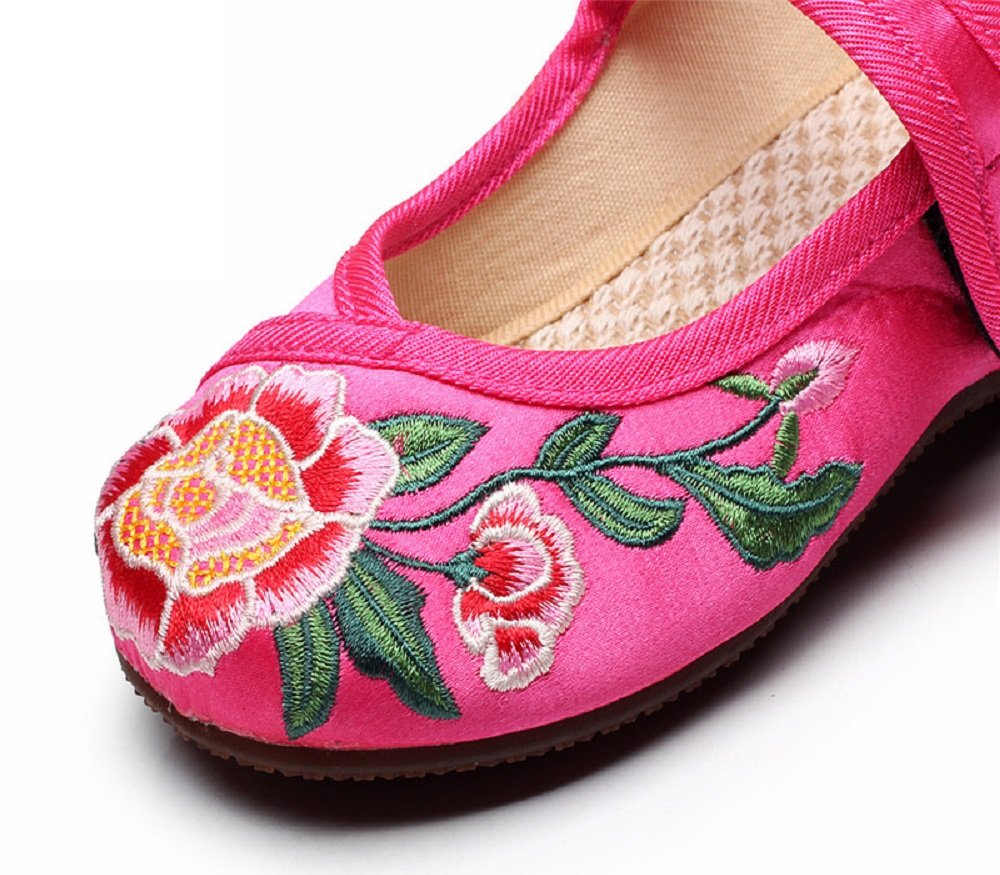 Tianrui Crown Girl's Embroidery Flat Ballet Cloth Shoes Kid's Mary-Jane Dance Shoe Sandal Rose Red