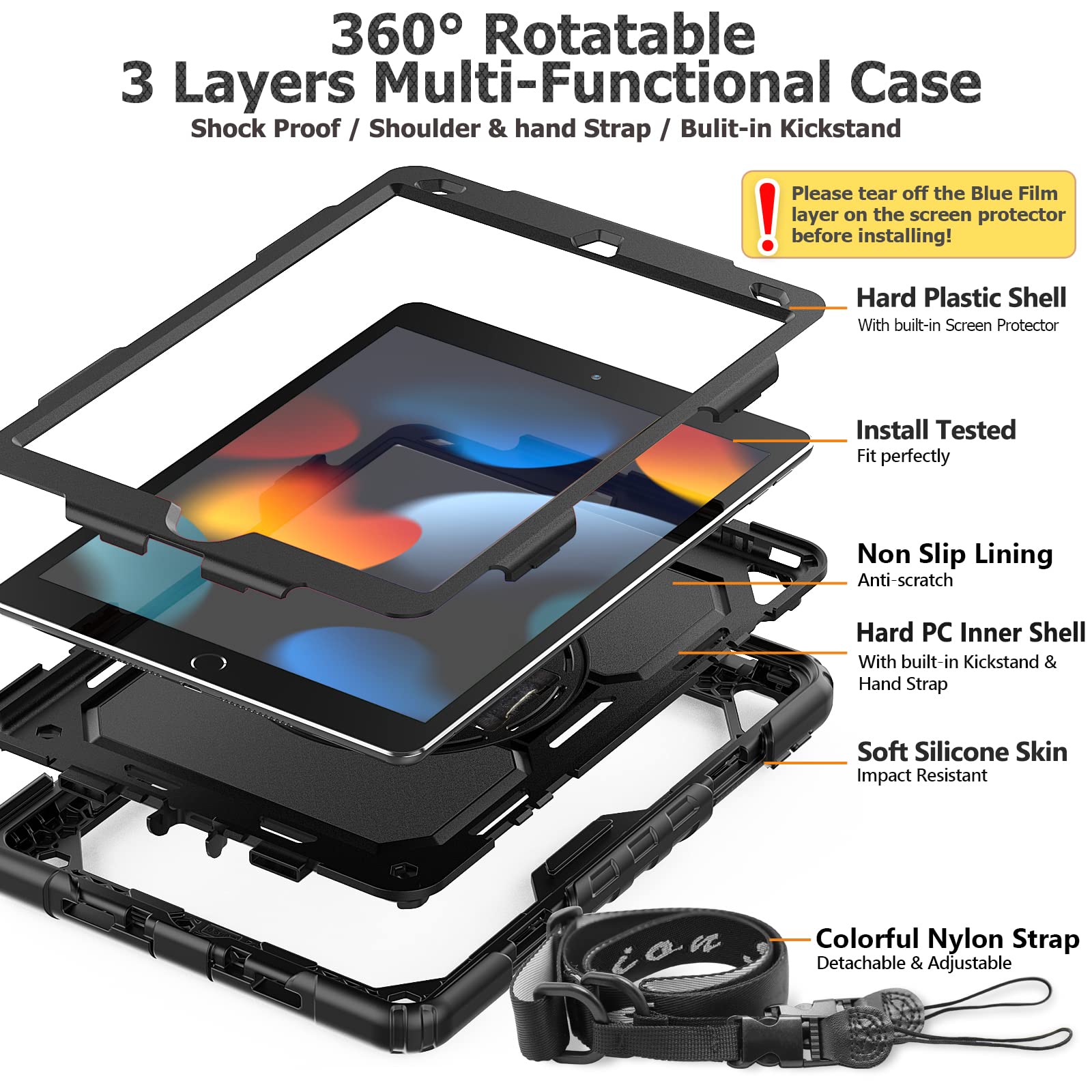 Custodia IPad 9a/8a/7a Generazione 10.2" - Antiurto, Con Pellicola Protettiva, Supporto 360° E Tracolla - Foto 2