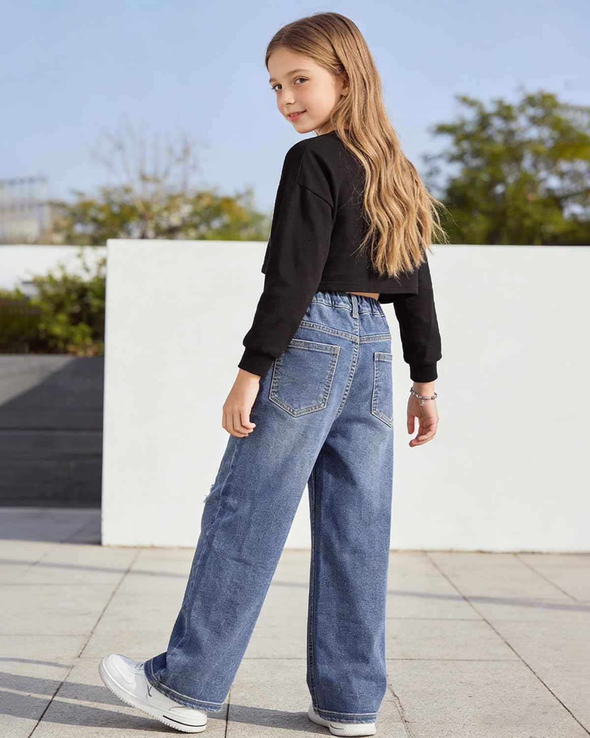 SANGTREE Girls Baggy Jeans Wide Leg Jeans Elastic Waist Casual Denim Pants Kids Clothes Ripped Dark Blue 11-12 Years = Tag 160 - Image 4