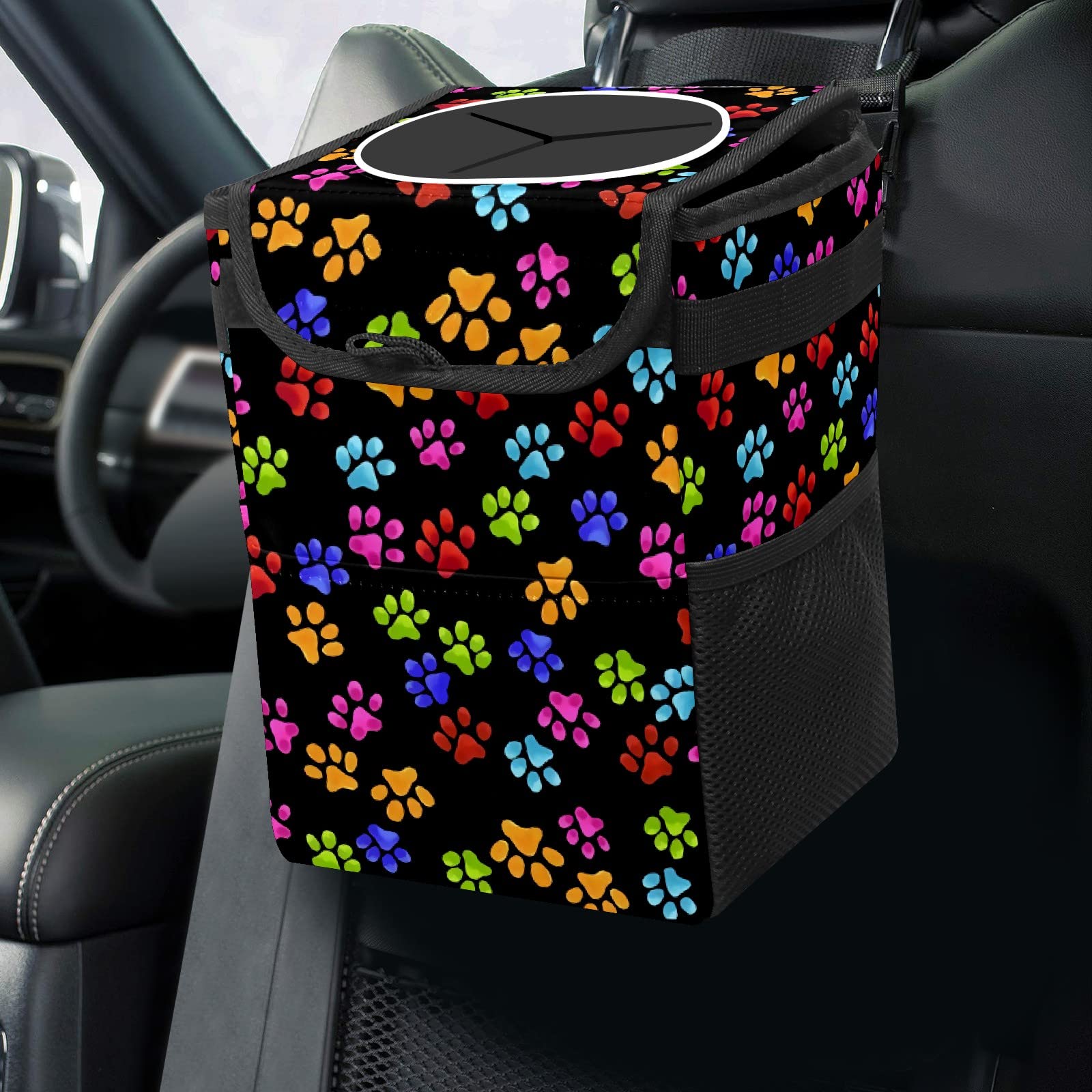 GACTIVITY Paws Cat and Dog Print Car Trash Can with Lid Collapsible Reusable Waterproof Car Garage Bag,Automotive Garbage Can,Car Accessories Interior