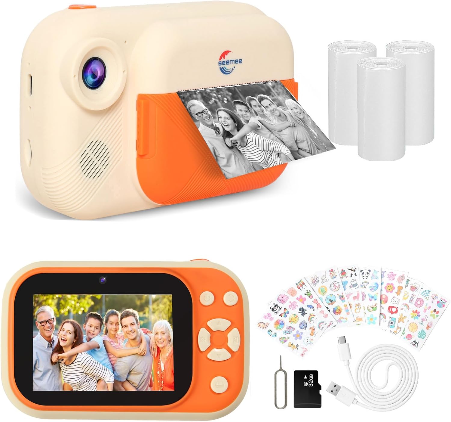 Instant Print Camera for Kids with 3.5" Large Screen, Christmas Halloween Birthday Gifts for Boys Girls 3 Years and Up, Front Rear Dual Cameras with 1080P Videos,32G Card and Charming Stickers(Beige)
