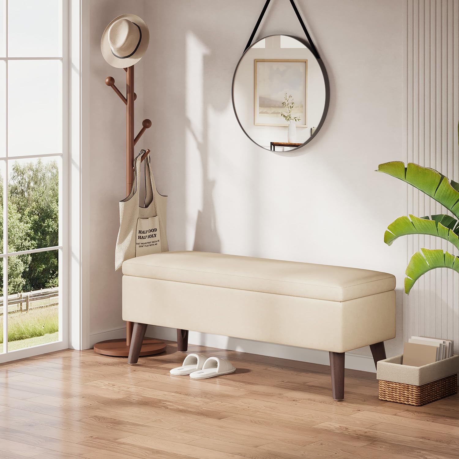 Banco Almacenamiento Baúl Puff Tapizado 110 cm Beige | Tapizado Aspecto Lino, Estructura Robusta y Estable, Ideal para Dormitorio, Pasillo y Salón