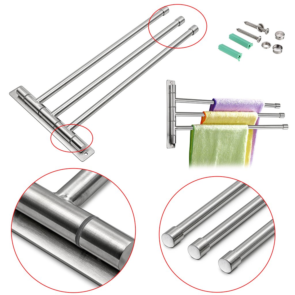 Sumnaconâ„¢ Silver Stainless Steel Wall-Mounted Towel Rail Swivel Bars Bathroom Towel Rack Hanger Holder Organizer (3 Bar)