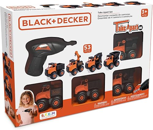 Miniatura 1 de Black & Decker Juego de mini camiones de construcción desmontables, cuatro camiones duraderos y taladro eléctrico para pequeños constructores