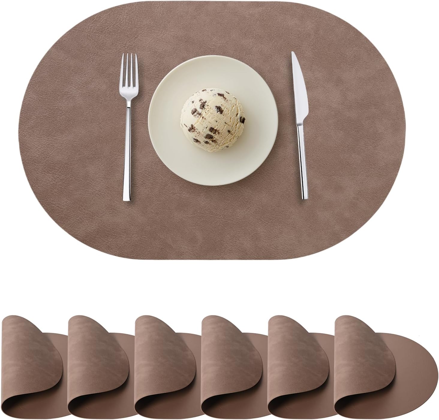 Oval Placemats Set of 6, Faux Leather Place Mats for Dining Table Dual Sided Placemats Heat Resistant Washable Wipeable Table Mats for Indoor Outdoor, Coffee