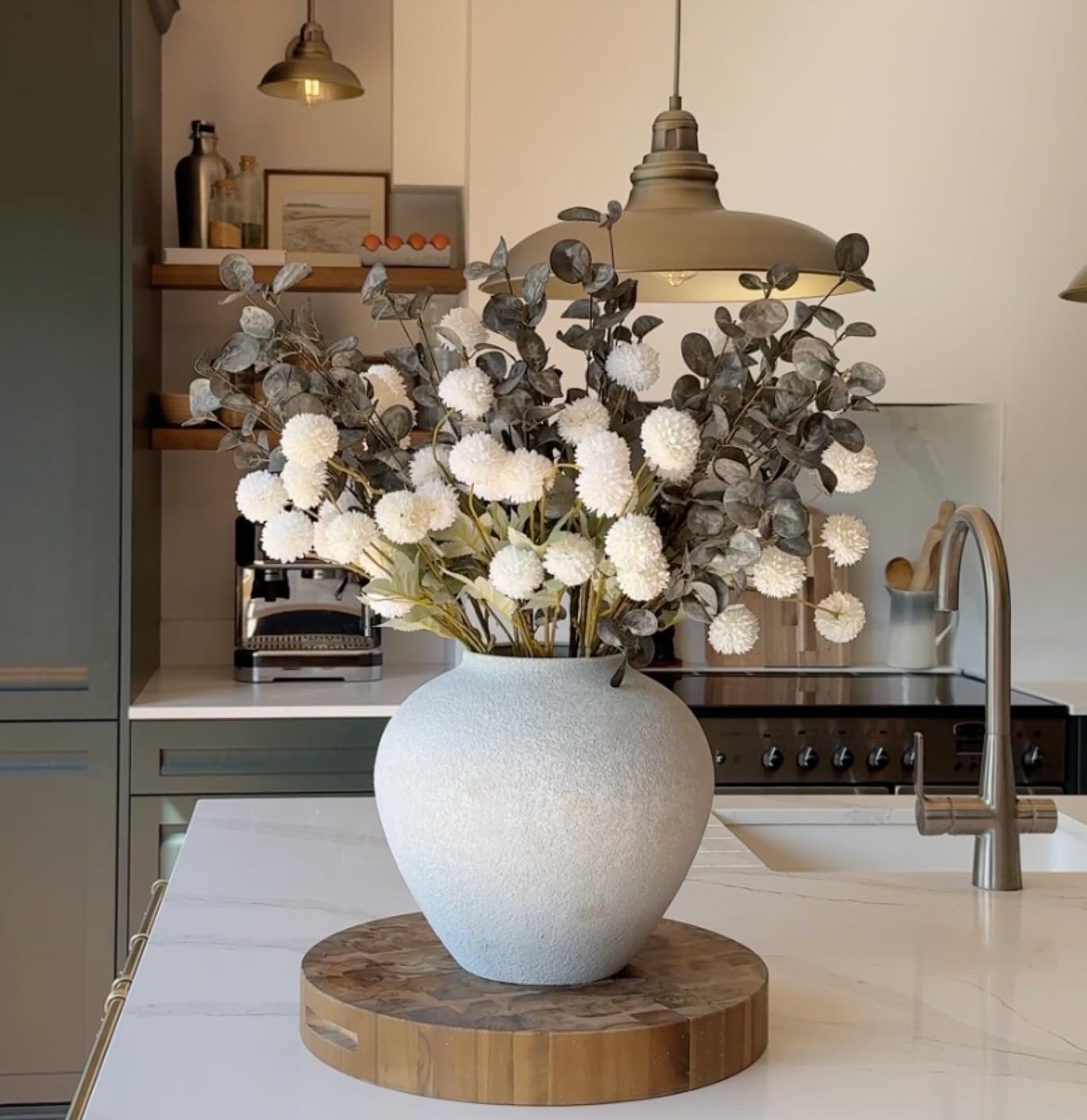 Laelfe 10 Kiku Artificial Flowers + 5 Large Eucalyptus Branches, Silk Fake White Flowers Pompon Mums (Ball Flower Stems) - Decor for Home, Centerpieces & Shower Arrangements(Vase not Included)