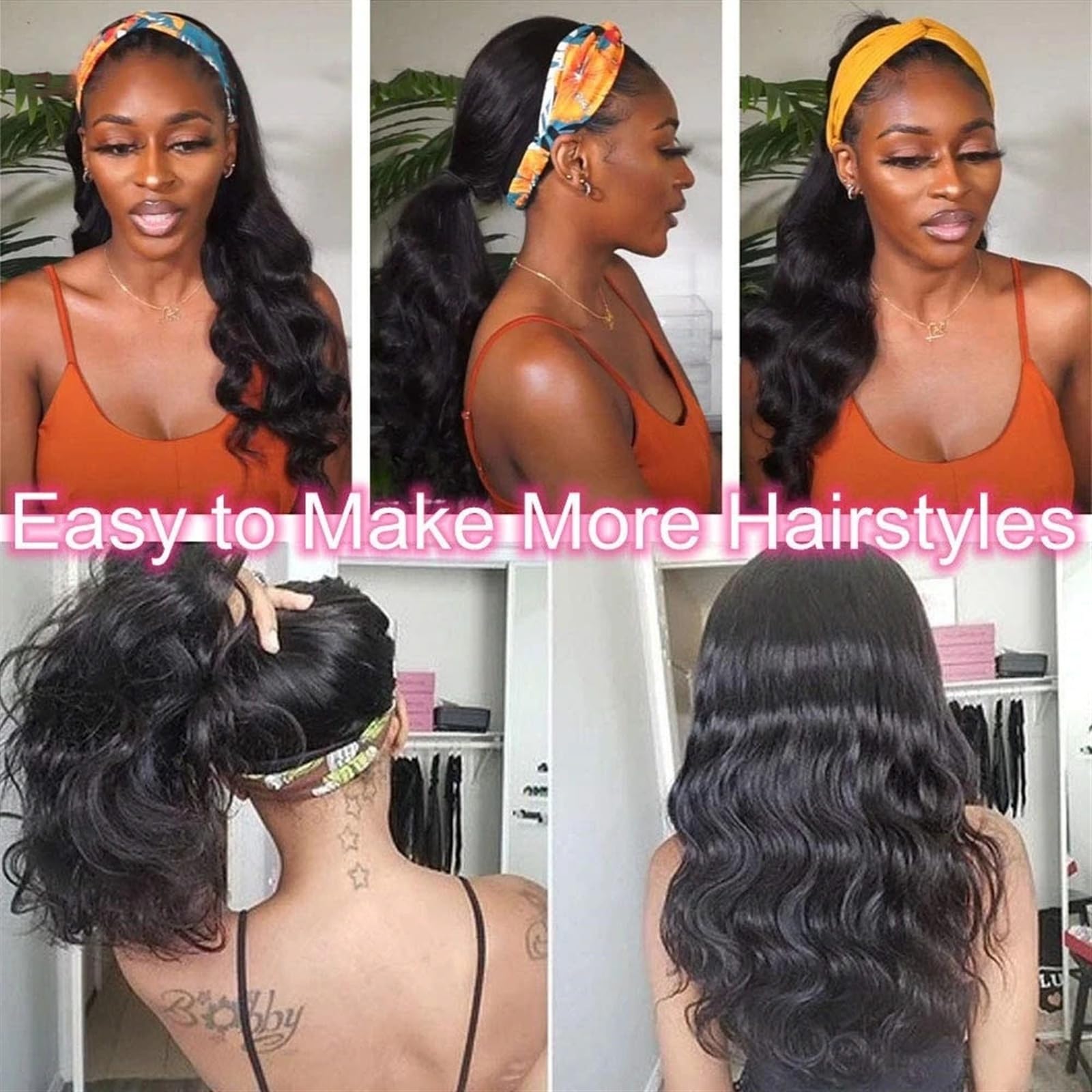Parrucca da donna con fascia per capelli, capelli umani ondulati, senza colla, senza colla, con pizzo frontale, colore naturale, parrucca Remy da indossare e andare a macchina, densità 180%, per feste