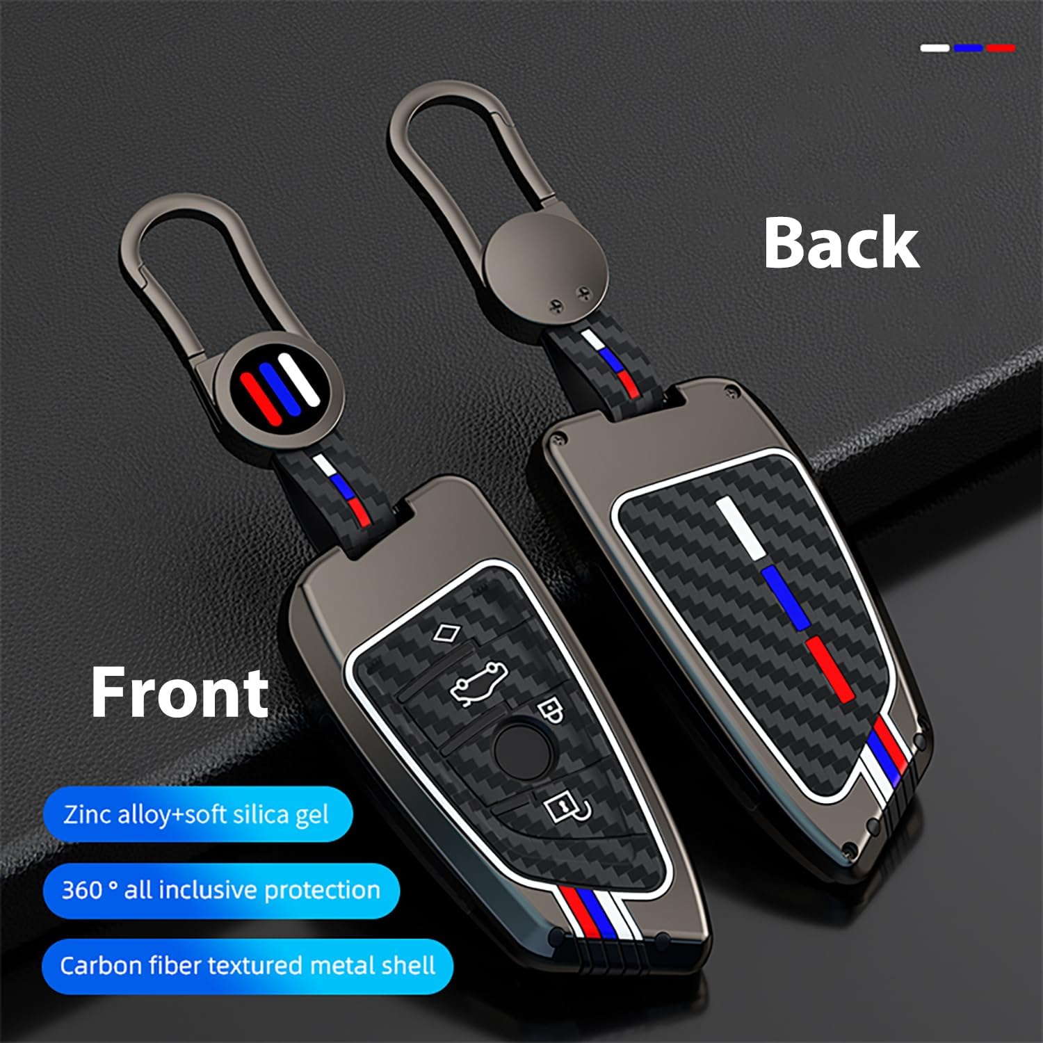 OLLEN Heavy Zinc Alloy Key Fob Cover, Fit for BMW 2 5 6 7 Series X1 X2 X3 X5 X6 GT Series, Full Protection Remote Fob Cover with Carbon Fiber Pattern, Blade Shape, Gunmetal (1 Pcs)