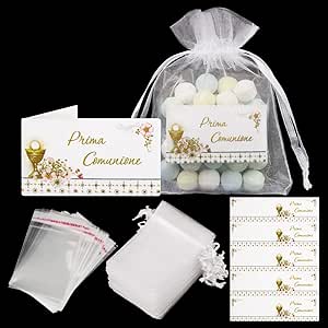 Set Bomboniere Prima Comunione - 50 Sacchetti Organza, 50 Bigliettini, 100 Sacchetti Trasparenti, Personalizzabile