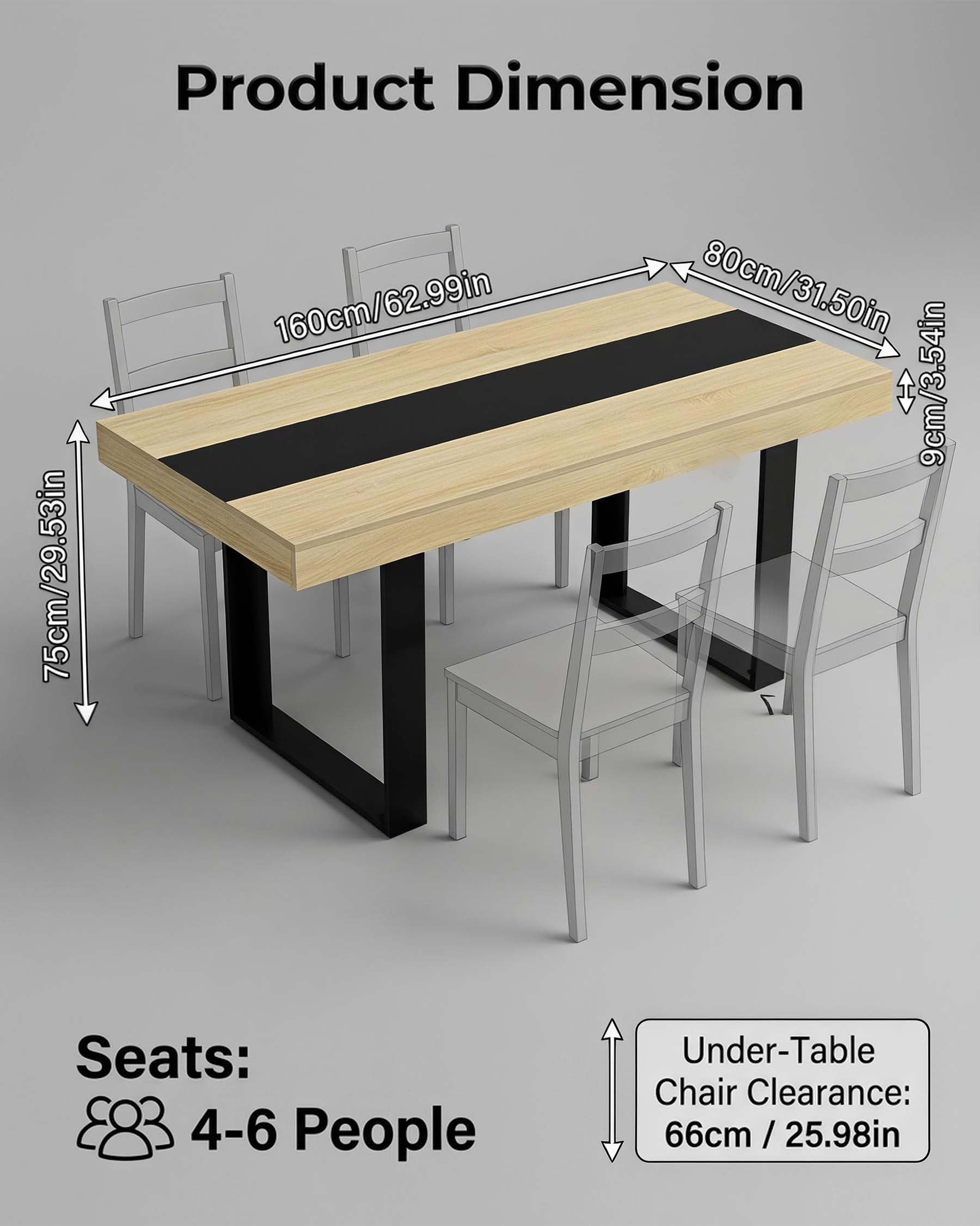 Mesa de Comedor Madera Haya Mesa Cocina 4 a 6 Personas 160×80×75cm | La franja central negra y el marco grueso crean un estilo industrial mientras dos bastidores de madera en U aportan apoyo