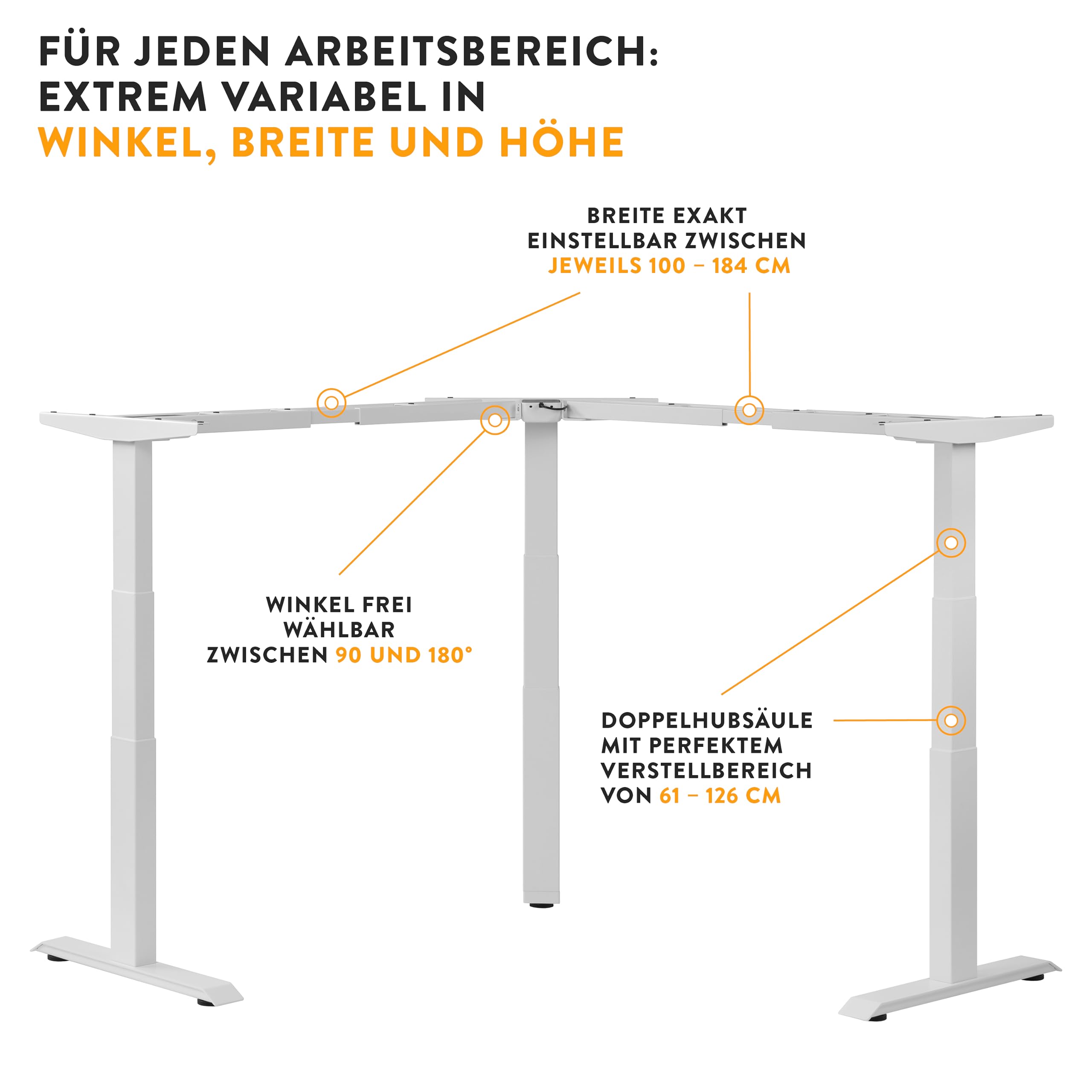 boho office® Höhenverstellbarer Schreibtisch Gestell - Elektrisch stufenlos, Eckschreibtisch mit 3 Motoren 50 mm/Sek, 3-Fach Teleskop, stabil, Memoryfunktion, Kollisionsschutz - Basic Line 90 Weiß