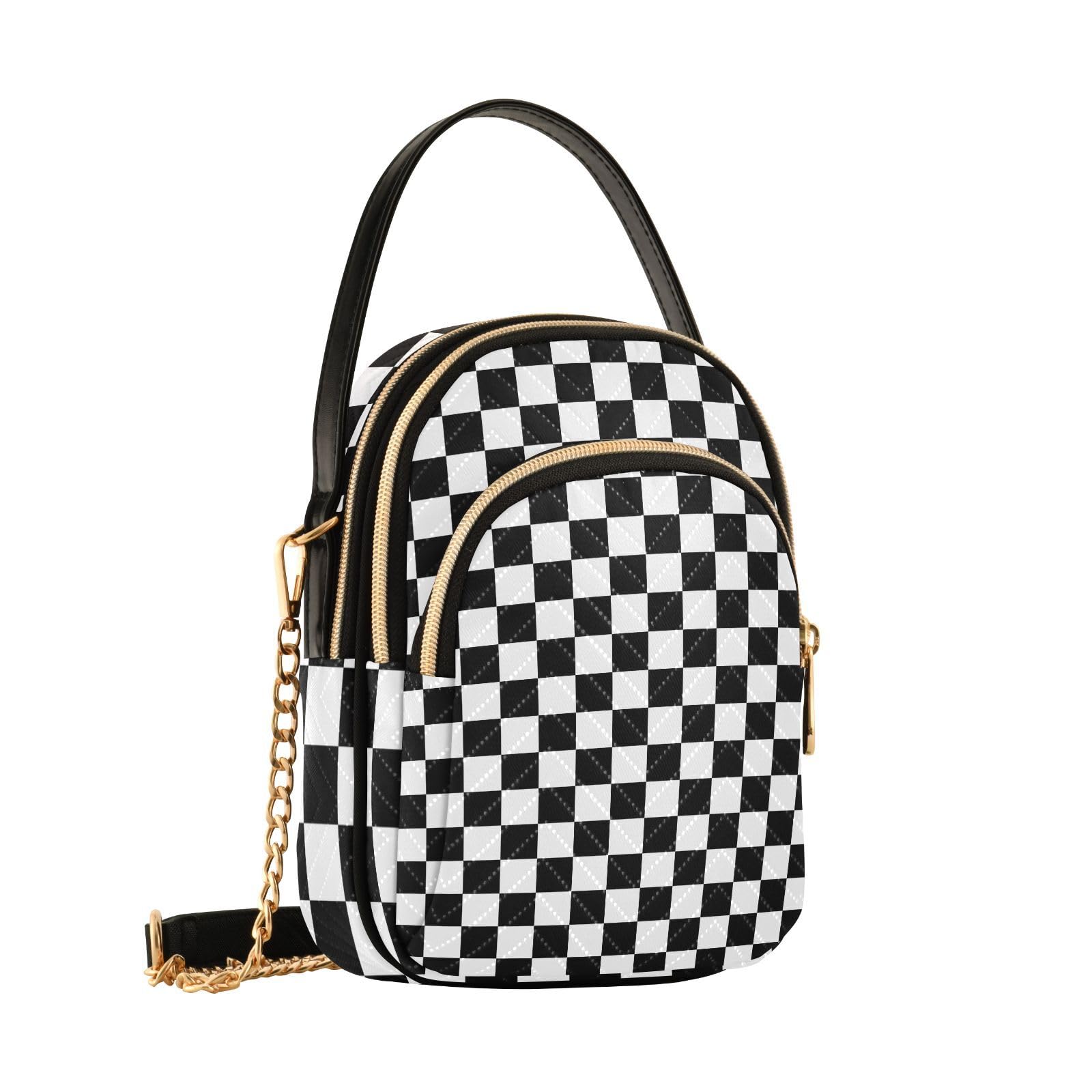 ZOEO Black and White with Checkered Womens Sling Backpack Crossbody Chain Shoulder Bags Waist Packs Multipurpose Handbags for Travel Shopping Office, Pattern 320