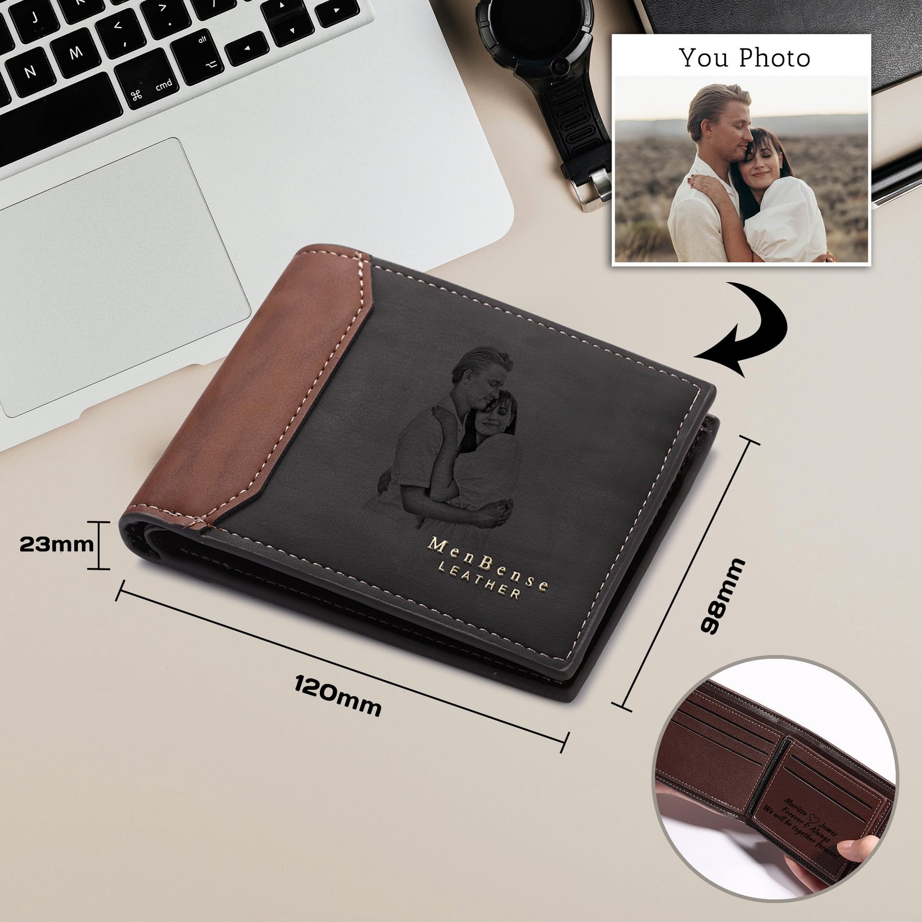 OTXIXTO Personalized Picture Bifold Leather Wallet for Men Customized Engraved Photo/Initials/Name/Text Mens Wallets for Dad Husband Son Groomsmen Boyfriend Gifts (Style B: Gray Black)