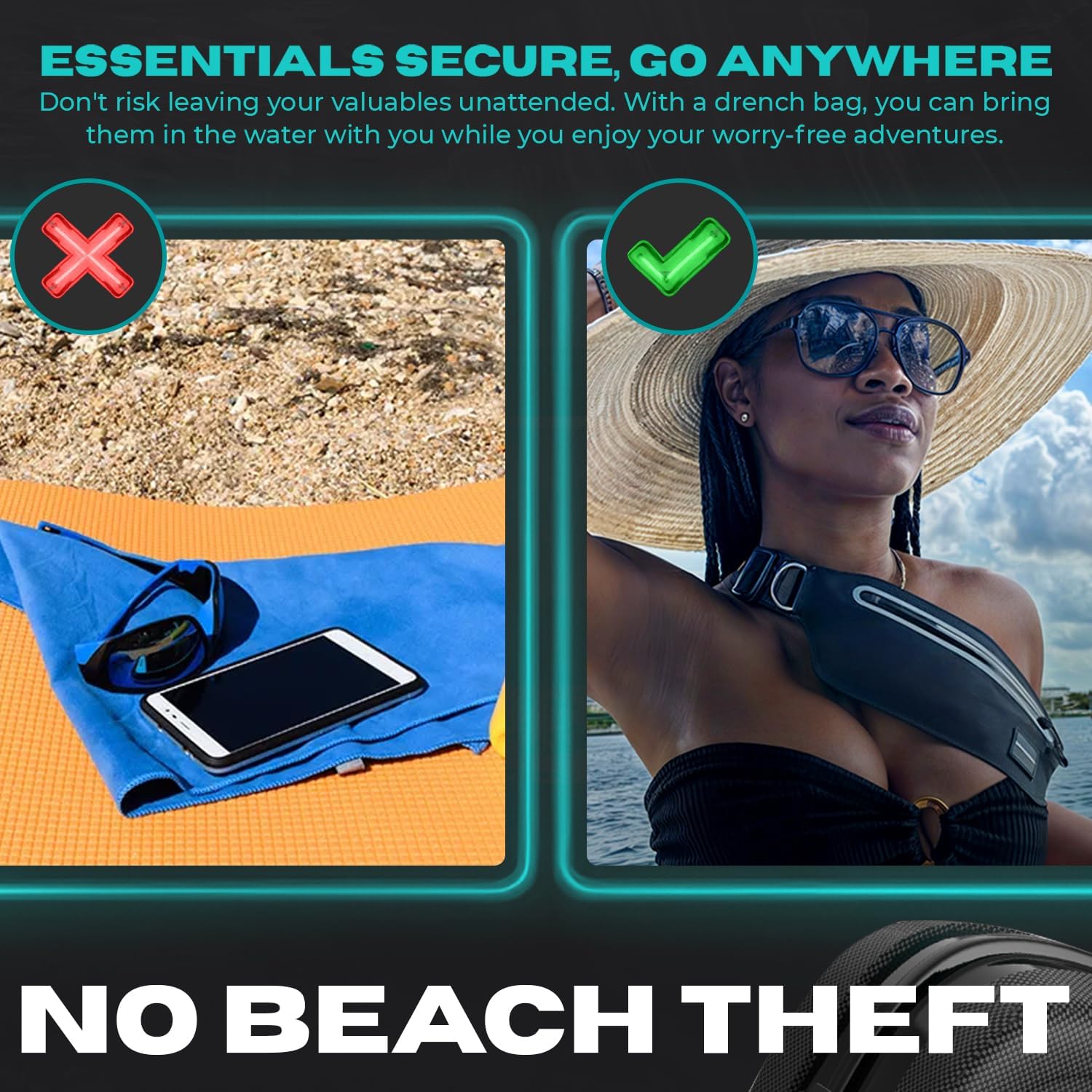 Drench 100% Underwater Waterproof Fanny Pack. Waist Pack. Submersible Waterproof Phone Pouch. Dry Bag for Swimming & Snorkelling. Underwater Phone case. (black with 2 rings) - Image 5