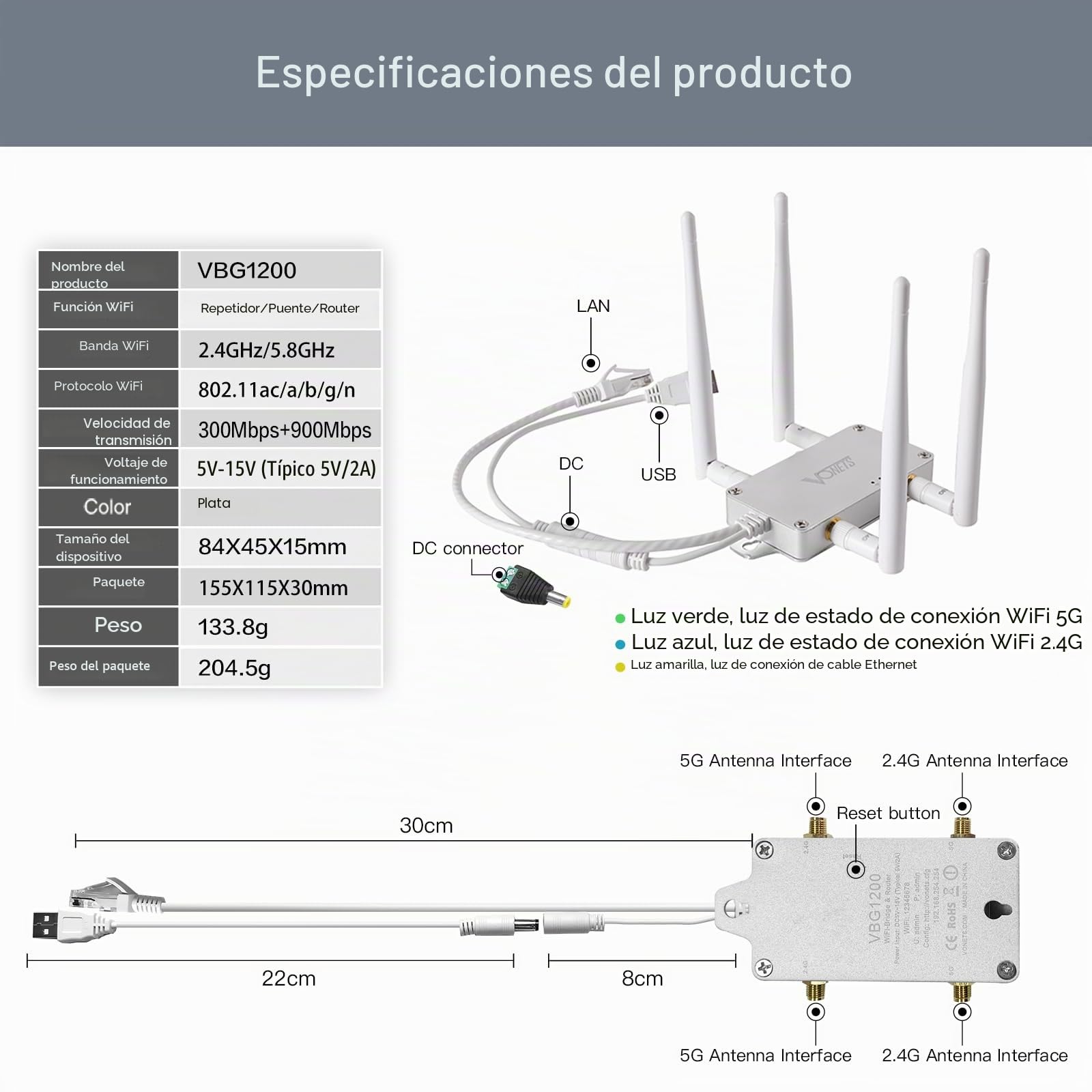 Vonets VBG1200 AC1200 2.4GHz 5GHz Puentes, repetidores y enrutadores Wi-Fi industriales de Doble Banda, el Mejor Socio para Sistemas de Seguridad, balanzas electrónicas y Equipos médicos