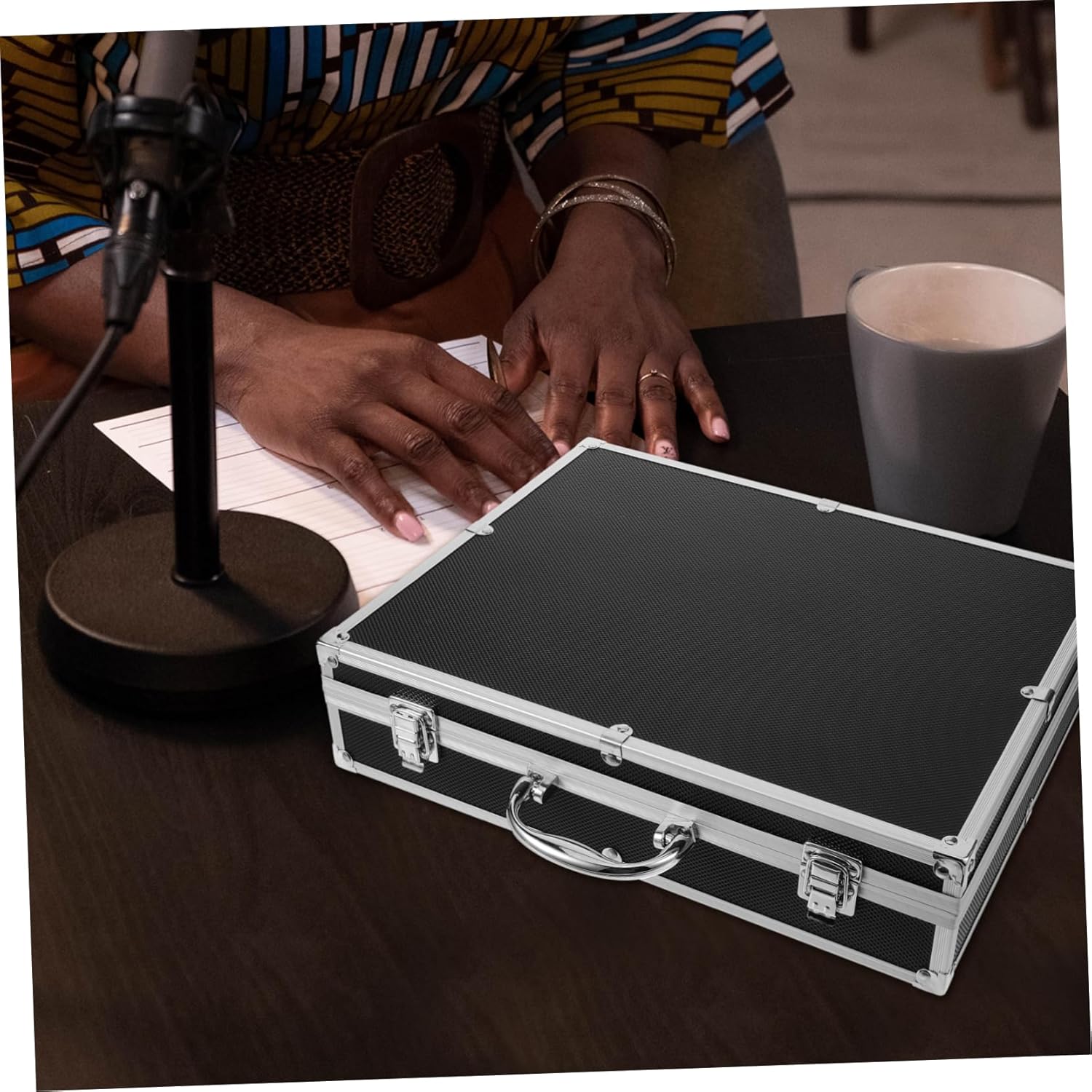 Toyvian Portable Microphone Case with Handle for Handheld Mics Protective Aluminum Storage Box with Cushioning Multi Accessory Organizer for Travel and Ktv Holds Microphones in Black