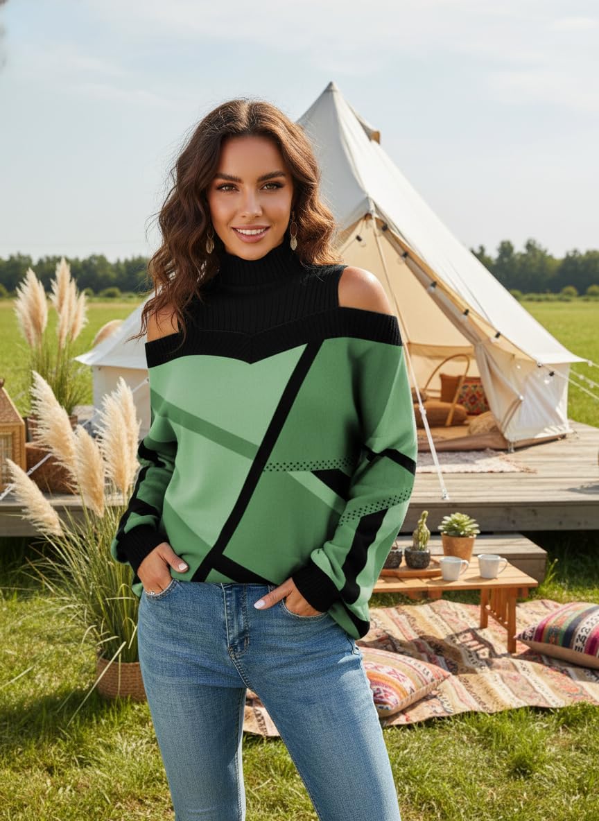 Womens Boho Cold Shoulder Long Sleeve Sweaters Sexy Mock Neck Knit Tops Plaid Geometric Pullover for Women Fall Winter Spring - Image 3