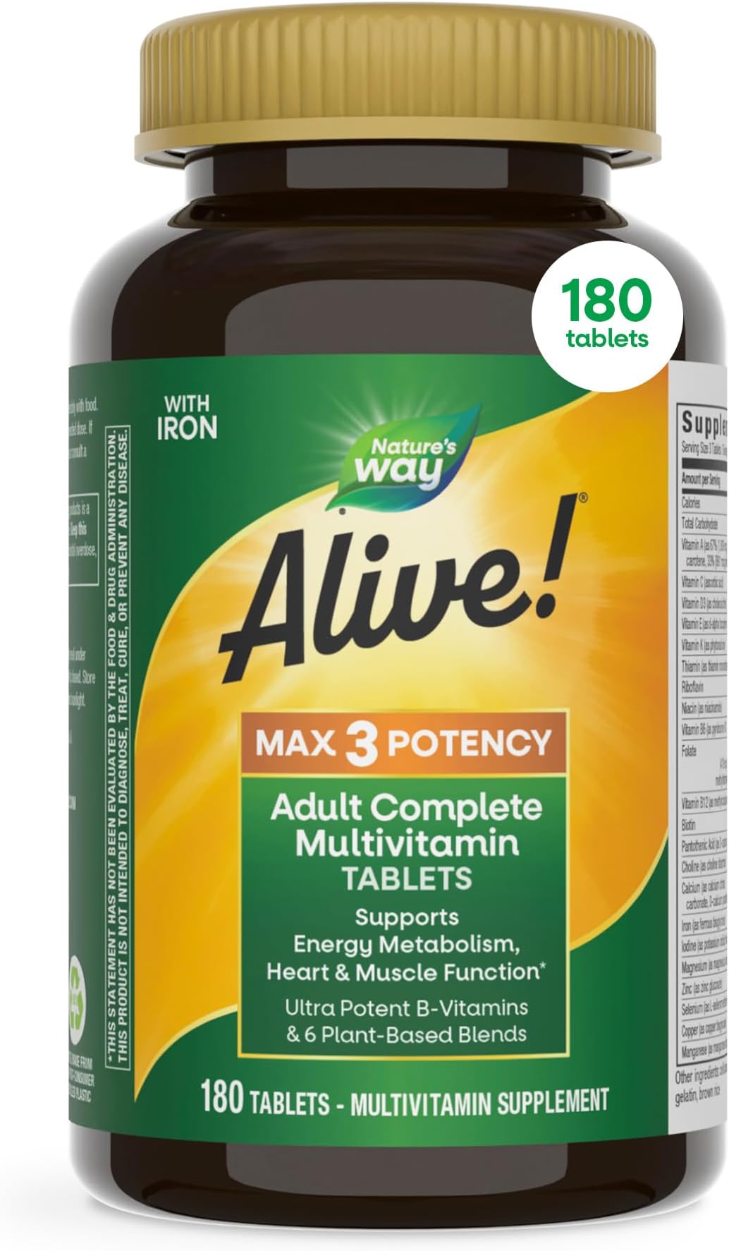 Nature’s Way Alive! Max3 Potency Daily Multivitamin with Iron, High Potency Adult Multivitamins to Support Cellular Energy Metabolism, Heart, and Muscle Function* for Women & Men, 180 Tablets