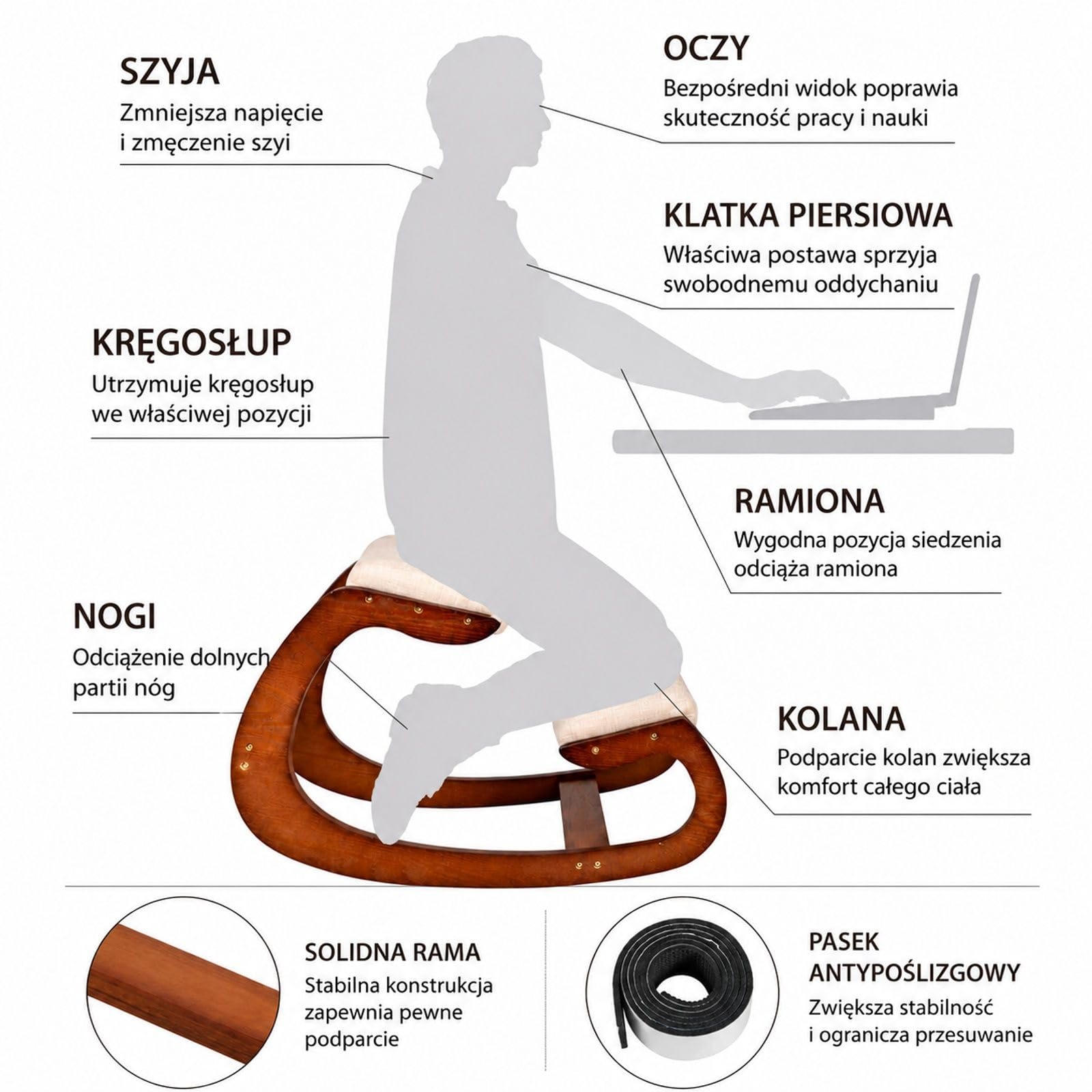 Ergonomiczne krzesło klęczące z regulowanym stołkiem pod kolana, bujaną ramą, drewnem brzozowym i piankowymi poduszkami do biura