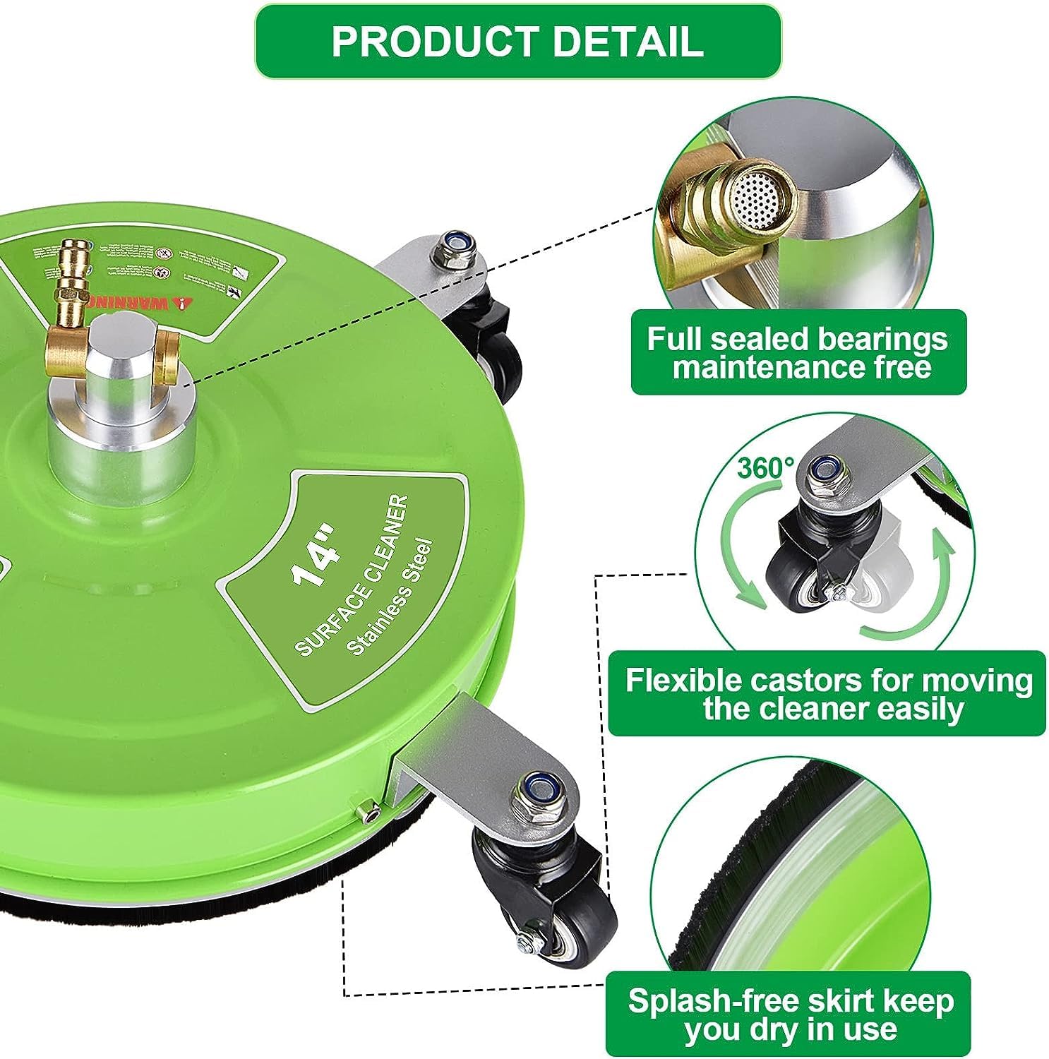 14" Pressure Washer Surface Cleaner with 4 Wheels - Stainless Steel Surface Cleaner for Pressure Washer Attachment for Concrete, Patio, Sidewalk, Deck, Driveways and Daily Washing - PWS 14