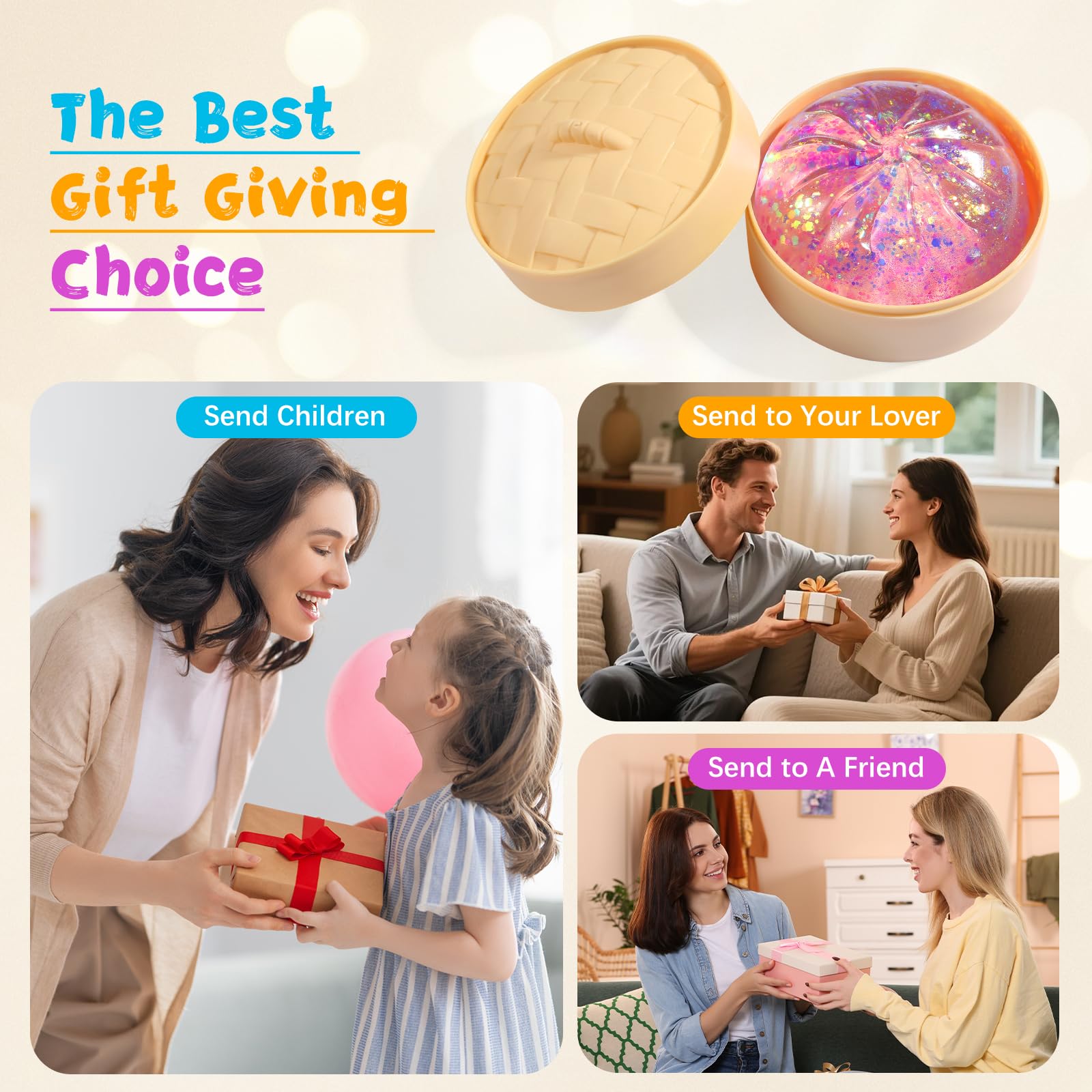 Sugar Glitter Dumpling Squishy,Viral Bao Bun Squishy Dumling Mystery Box,Stress Relief Fidget Squeeze Toy for Holiday & Birthday Gifts (Golden) — view 6