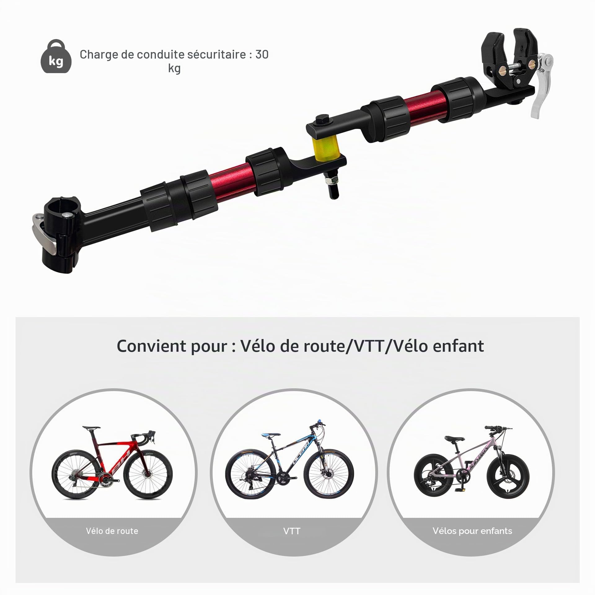 Mimoke Adaptateur de remorque de vélo - Design modulaire en nylon - Système d'amortissement et de direction - Convient pour les vélos avec tube de selle de 27 à 32 mm