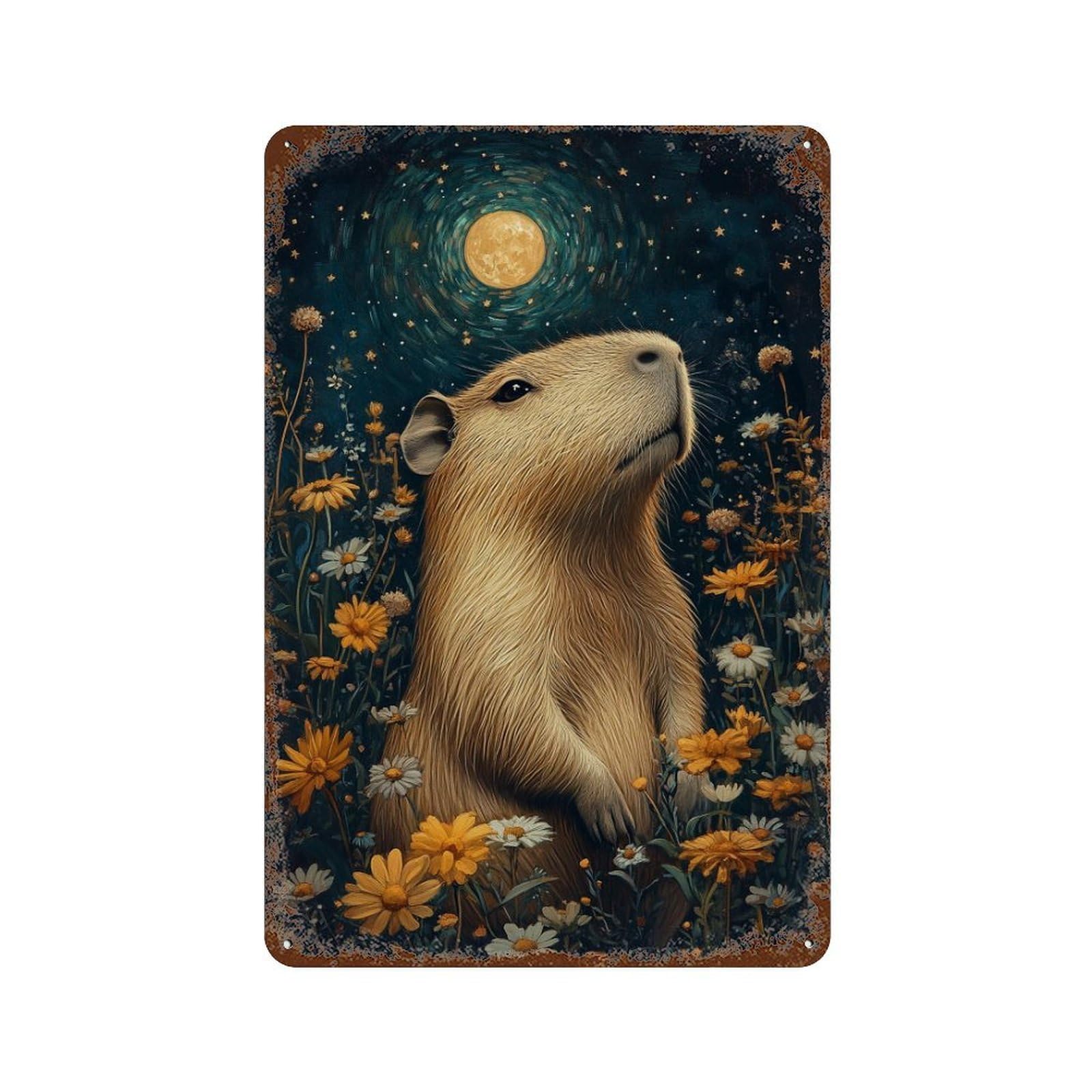 Moonlit Capybara Garden Aged Metal Wall Plaque 11.8"x7.9", for Office, Studio And Wall Decor, Novelty Wall Decor
