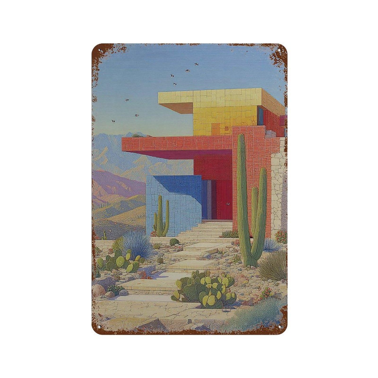 xiaoxiaoshen Modern Desert House Mid Century Architecture Colorful Geometric Southwest Landsc Wall Decor Art Metal Tin Poster Modern Home Decor Art Home Bar Shop Decorations Vintage Sign 30x20cm