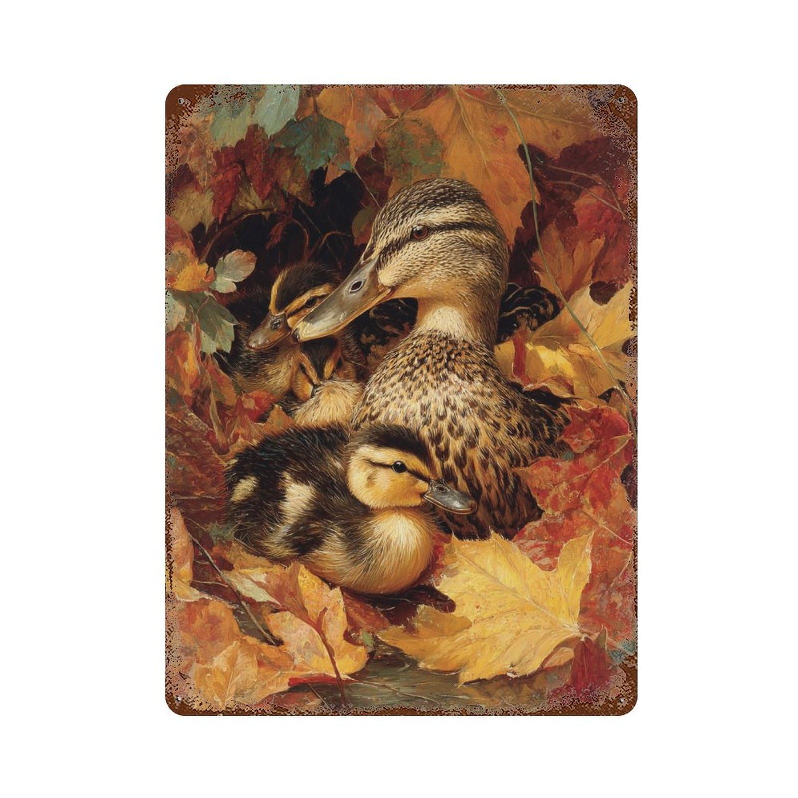 Duck Family in Autumn Leaves Vintage Wall Sign 15.7"x11.8", Rust Effect Metal Decor for Living Room, Hallway And Home Decor