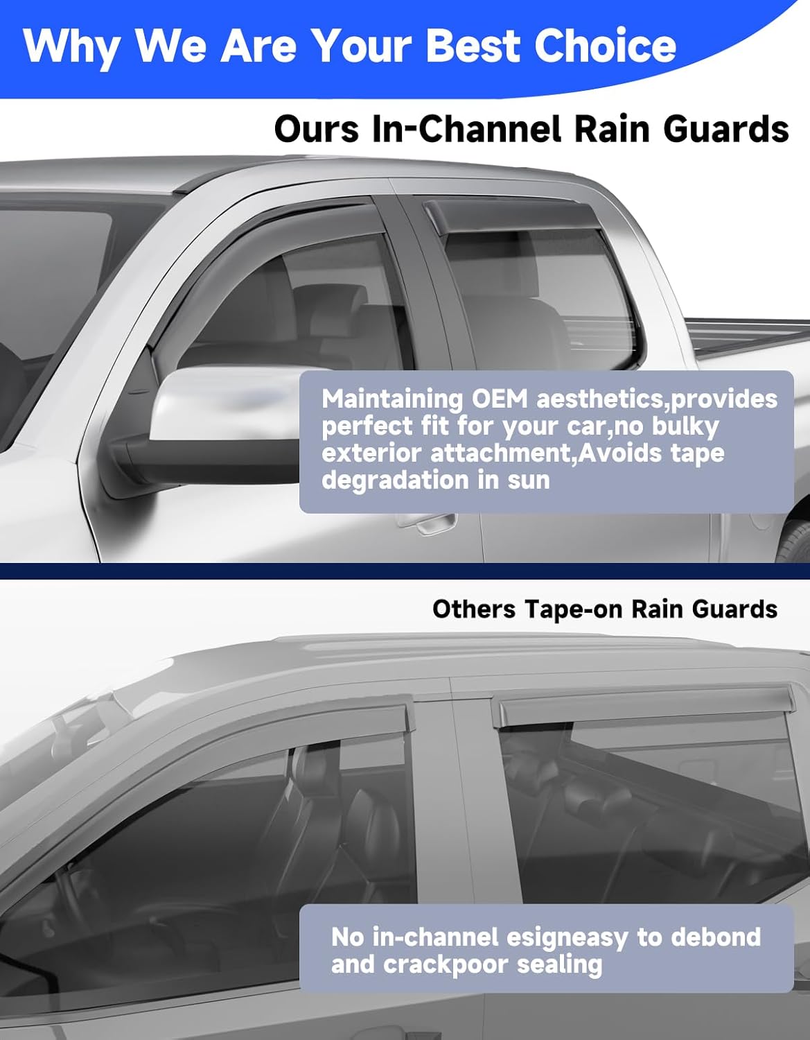 in-Channel Rain Guards Fit for Trucks Toyota Tundra 2007-2021 CrewMax, Extra Durable Window Rain Guards Visors Vent Visors Window Deflector Vent Shades Car Accessories -4 pcs