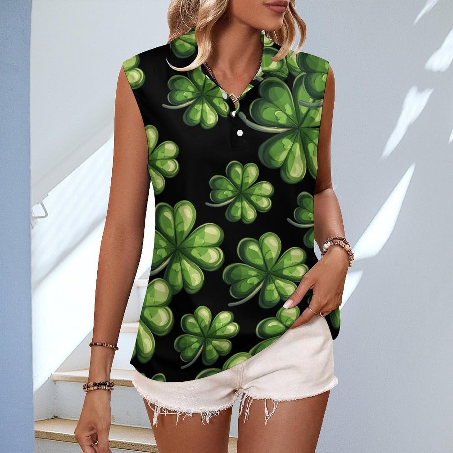 St. Patrick's Day Shamrock Clover Womens Golf Shirts Print Polo Shirt Sleeveless Tank Top Casual Work Blouses