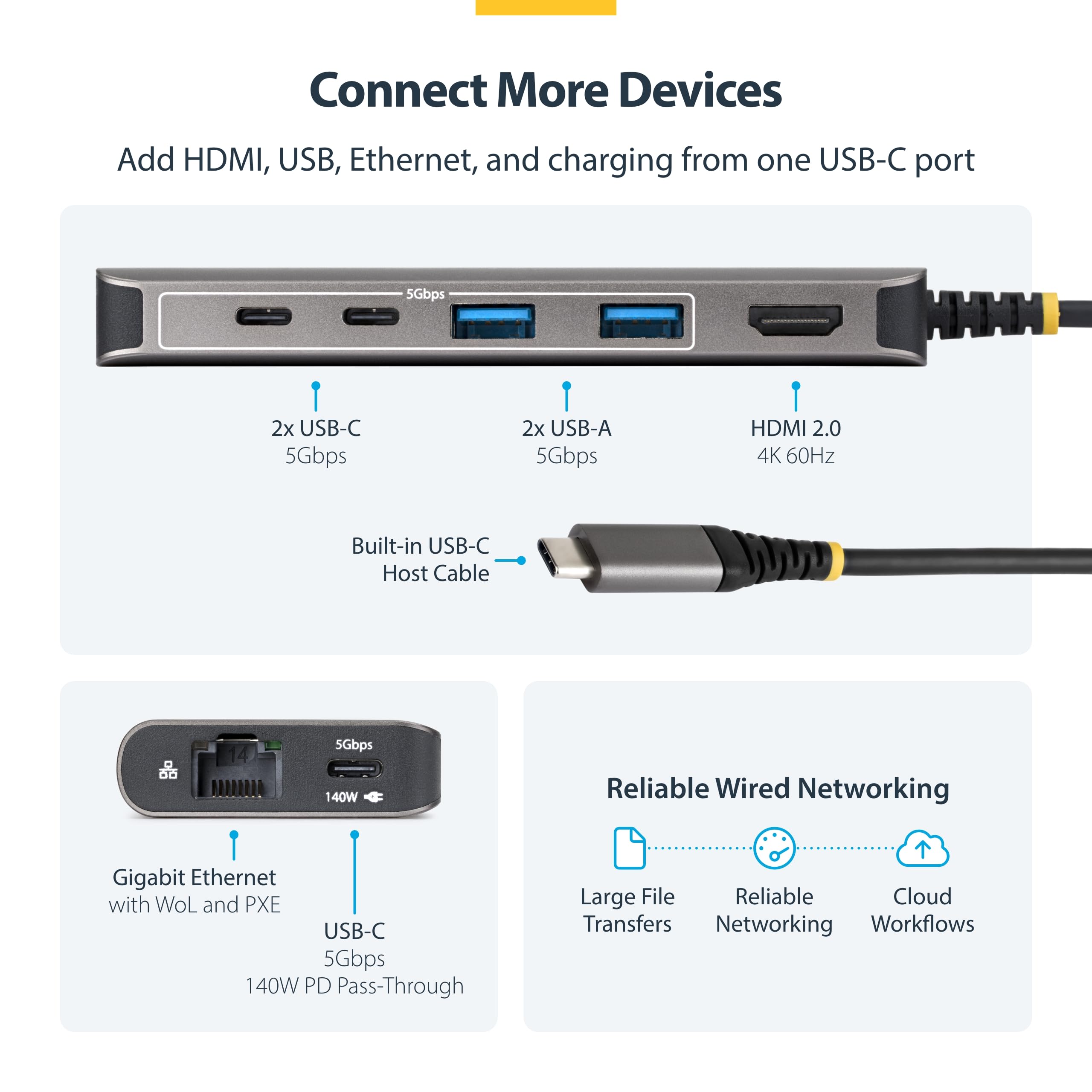 StarTech Hub USB-C 7-in-1 HDMI 4K 60Hz, 5 Porte 5Gbps, 140W PD, GbE