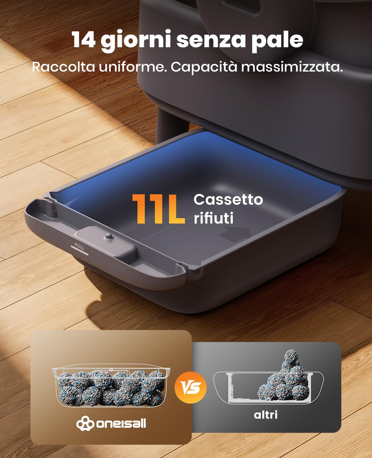 oneisall Lettiera Gatto Autopulentecon sistema EaseClean™, Lettiera Autopulente per Gatti XXL per gatti grandi, griglia in acciaio inox, modalità automatica e manuale, incl. Tappetino e 40 Sacchetti