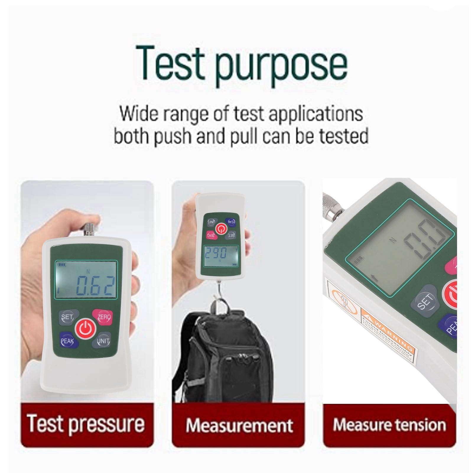 gauges de Force Numérique, Push Pull Meter 100N / 10kg Capacité, Testeur de Force de Haute Précision avec écran LCD rétro-éclairé, Conversion de 4 Unités, Alarme de Limite