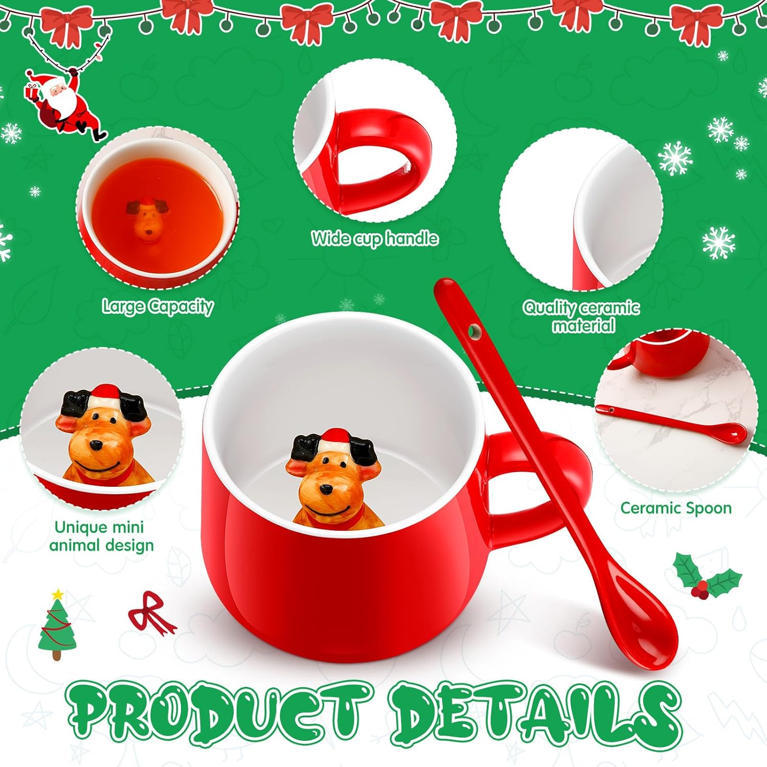 Uiifan 4 Pcs 3D Christmas Coffee Mugs 13.5 oz Hot Cocoa Mug Ceramic Snowman Santa Christmas Tree Penguin Inside Cup Cute Animal Figurine Mug Cartoon Bear cup for Women Men Office Gift(Warm Style)