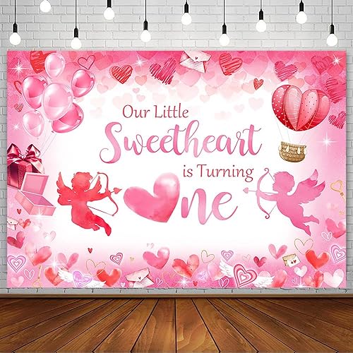 Miniatura 1 de Telón de fondo para el primer cumpleaños del día de San Valentín de 7 x 5 pies, con texto en inglés "Our Little Sweetheart is Turning One",