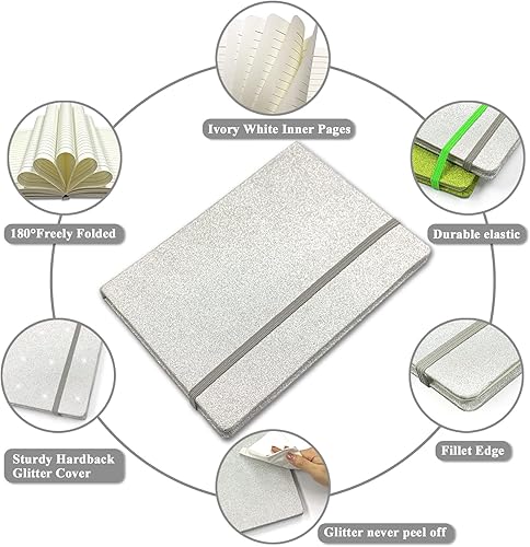 Miniatura 10 de Cuaderno azul con purpurina, 8.3 x 5.7 pulgadas, 160 páginas rayadas con purpurina que nunca se despega, diario brillante para niñas, cuadernos de