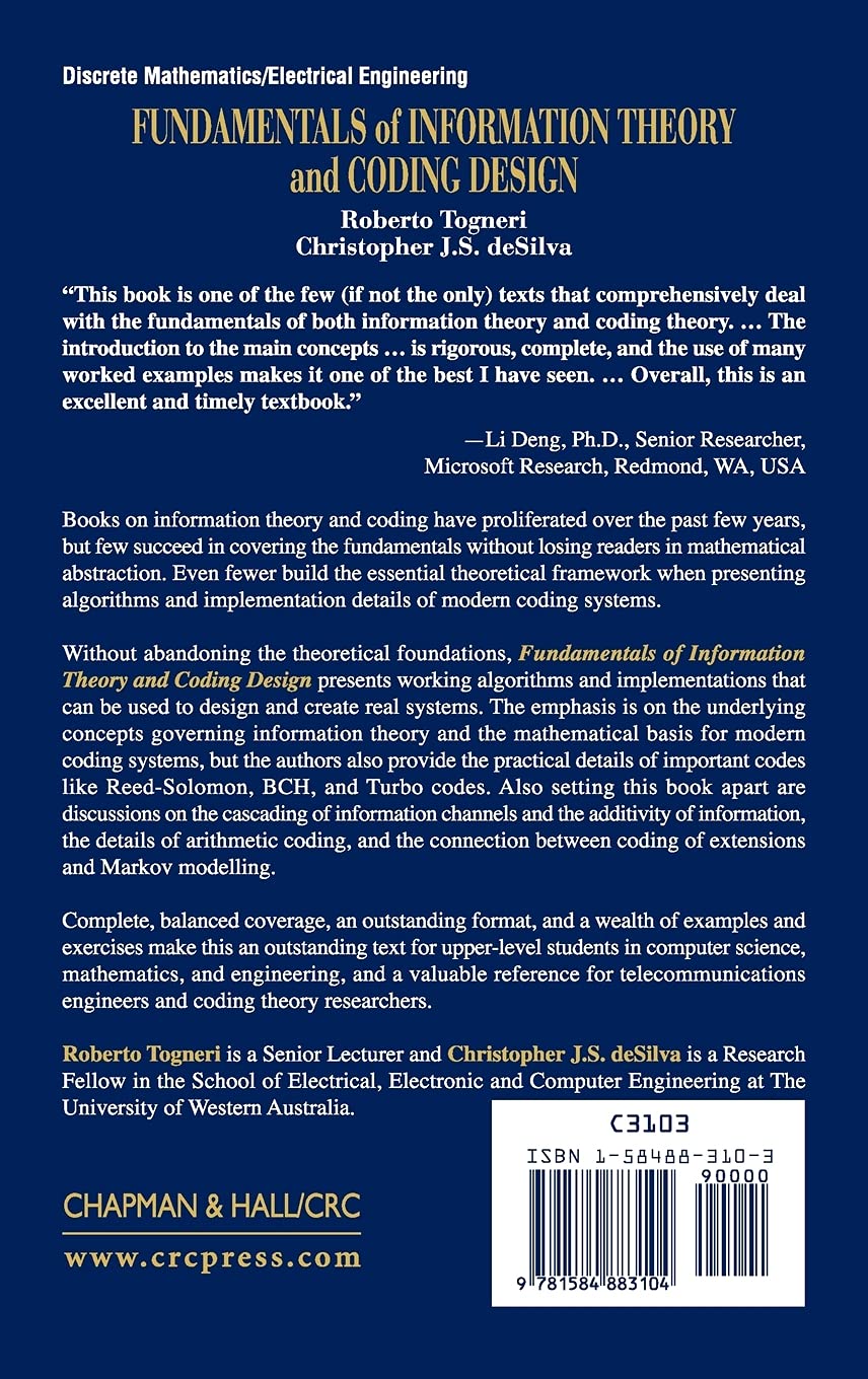 Fundamentals of Information Theory and Coding Design (Discrete Mathematics and Its Applications)