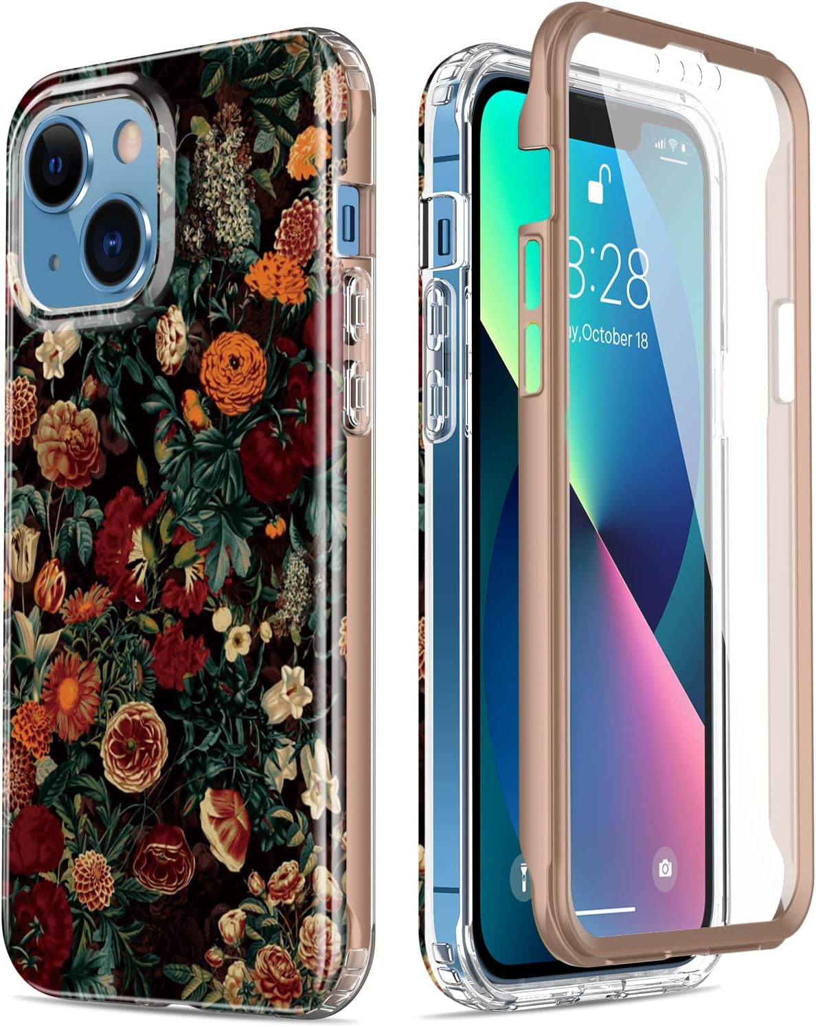 Esdot for iPhone 13 Case with Built-in Screen Protector,Military Grade Rugged Cover with Fashionable Designs for Women Girls,Protective Phone Case 6.1" Flower Garden