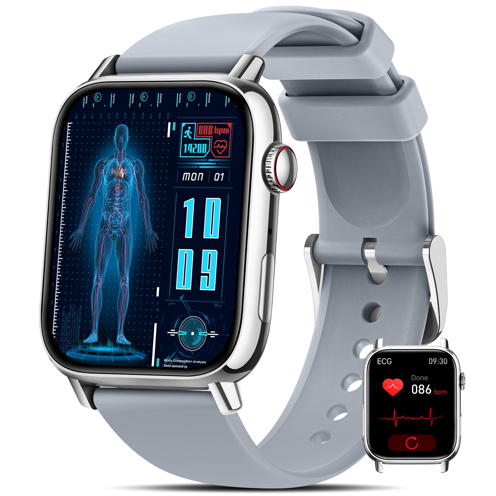 BANLVS Smartwatch Uomo Donna con 𝐆𝐥𝐢𝐜𝐞𝐦𝐢𝐚/HRV/ECG, 1,83" Smart Watch Orologio con Bluetooth Chiamate, SpO2, Cardiofrequenzimetro Sonno 145+ Sport IP68 Notifiche Messaggi Android iOS Argenteo