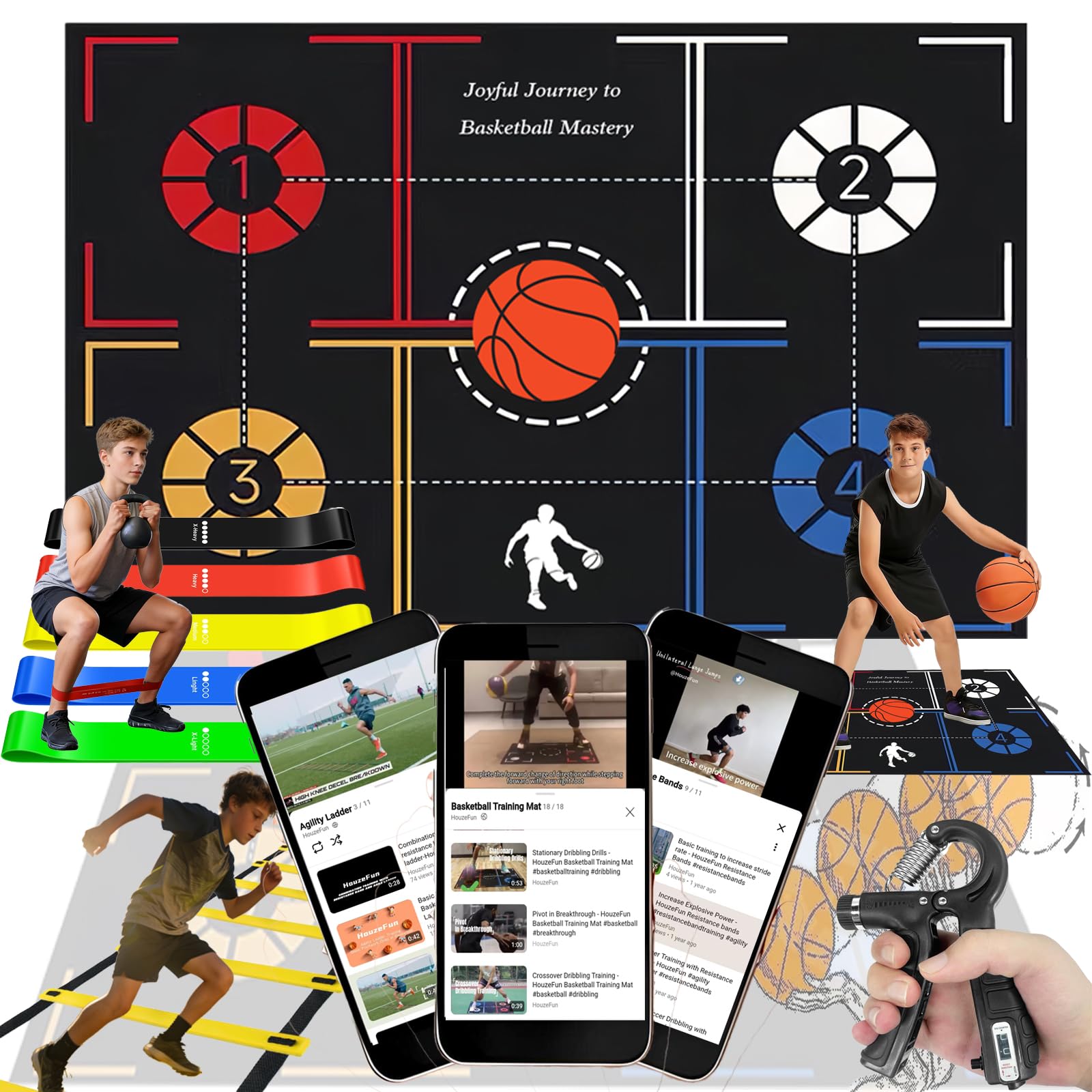 Kit Basket pour entraînement des appuis et déplacements | Accessoires basket d'entraînement: tapis de pieds, échelle d'agilité, outil de renforcement de prise et bandes de résistance