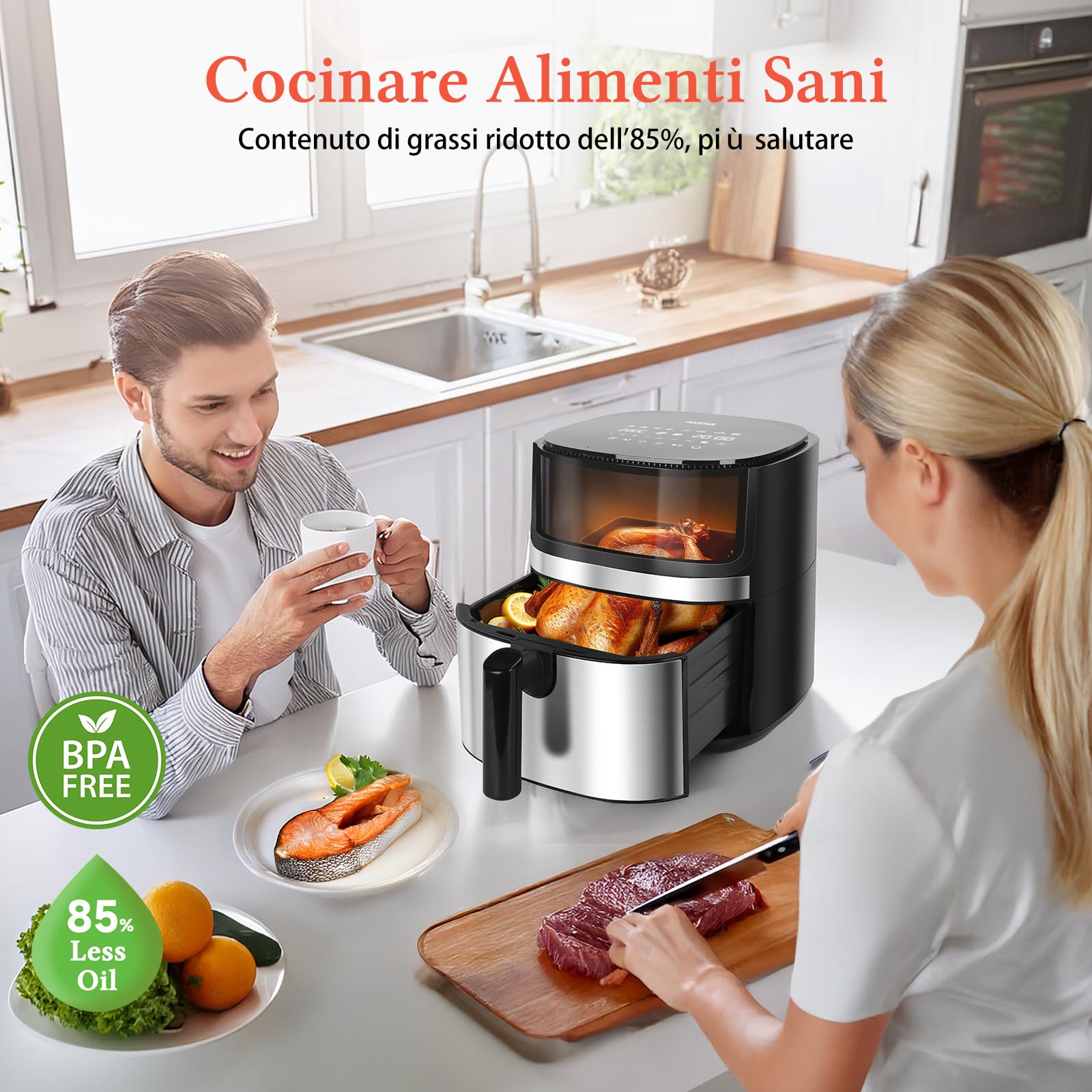 Taylor Swoden Freidora de Aire 8L XXL, Air Fryer con Doble Resistencia Arriba y Abajo, Ventana de Visualización, 2000W, Interior Metálico, 10 Programas, Pantalla Táctil, Freidora sin Aceite