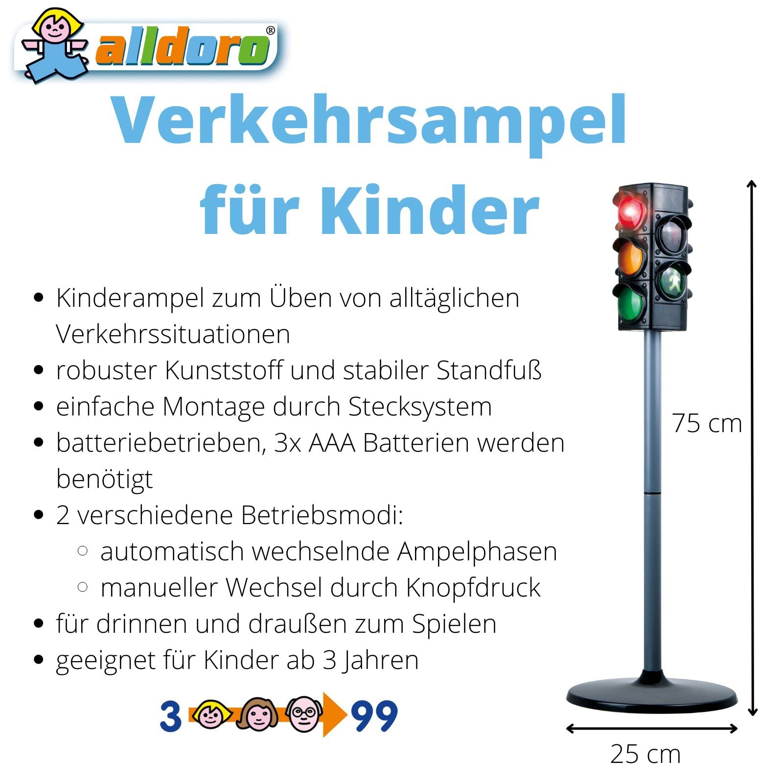 alldoro 60095 Verkehrsampel, Ampel für Kinder mit breitem Fuß, ca. 75 cm hoch, mit 2 Fahrzeug-und 2 Fußgängerampeln, batteriebetrieben, 2 Leuchtmodi und Schalter