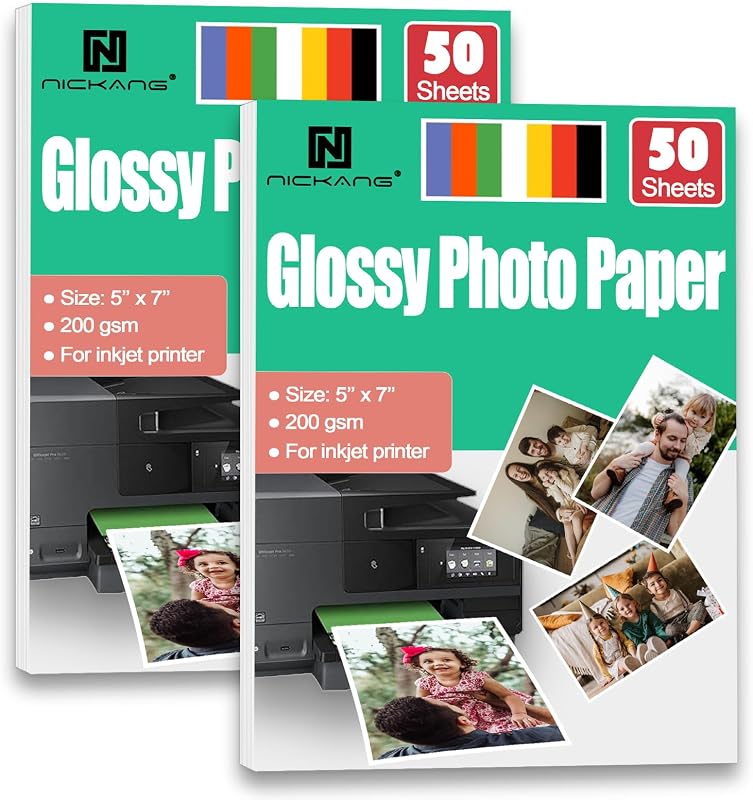 Papel fotográfico brillante 5x7 200GSM - 100 hojas (paquetes de 50 x 2) | Peso premium para invitaciones y álbumes, ideal para fotos, tarjetas de felicitación y proyectos escolares, compatible con impresoras de inyección de tinta