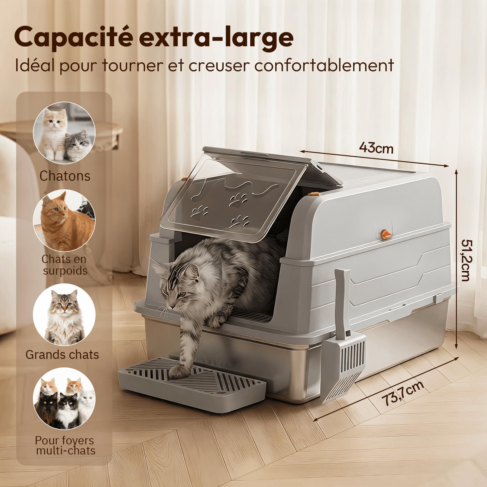 JUMMICO 120L bac à litière pour Chat XXXL, bac litière pour Chat en Acier Inoxydable 3 en 1 (Ouvert/Semi-fermé/fermé) avec Couvercle Rabattable 150°, Anti-Rayures et Anti-fuites, Plateau Anti-Sable