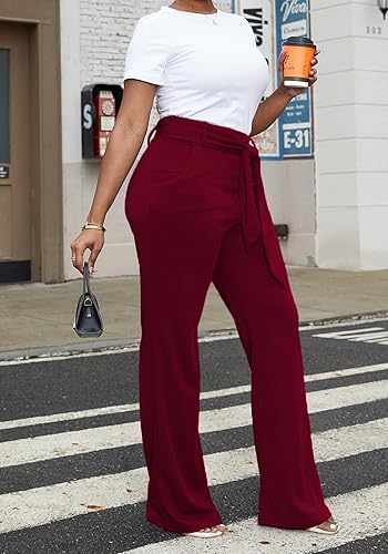 Miniatura 3 de LKOUS Pantalones de vestir elásticos de cintura alta para mujer, pantalones de pierna ancha, pantalones de trabajo para oficina