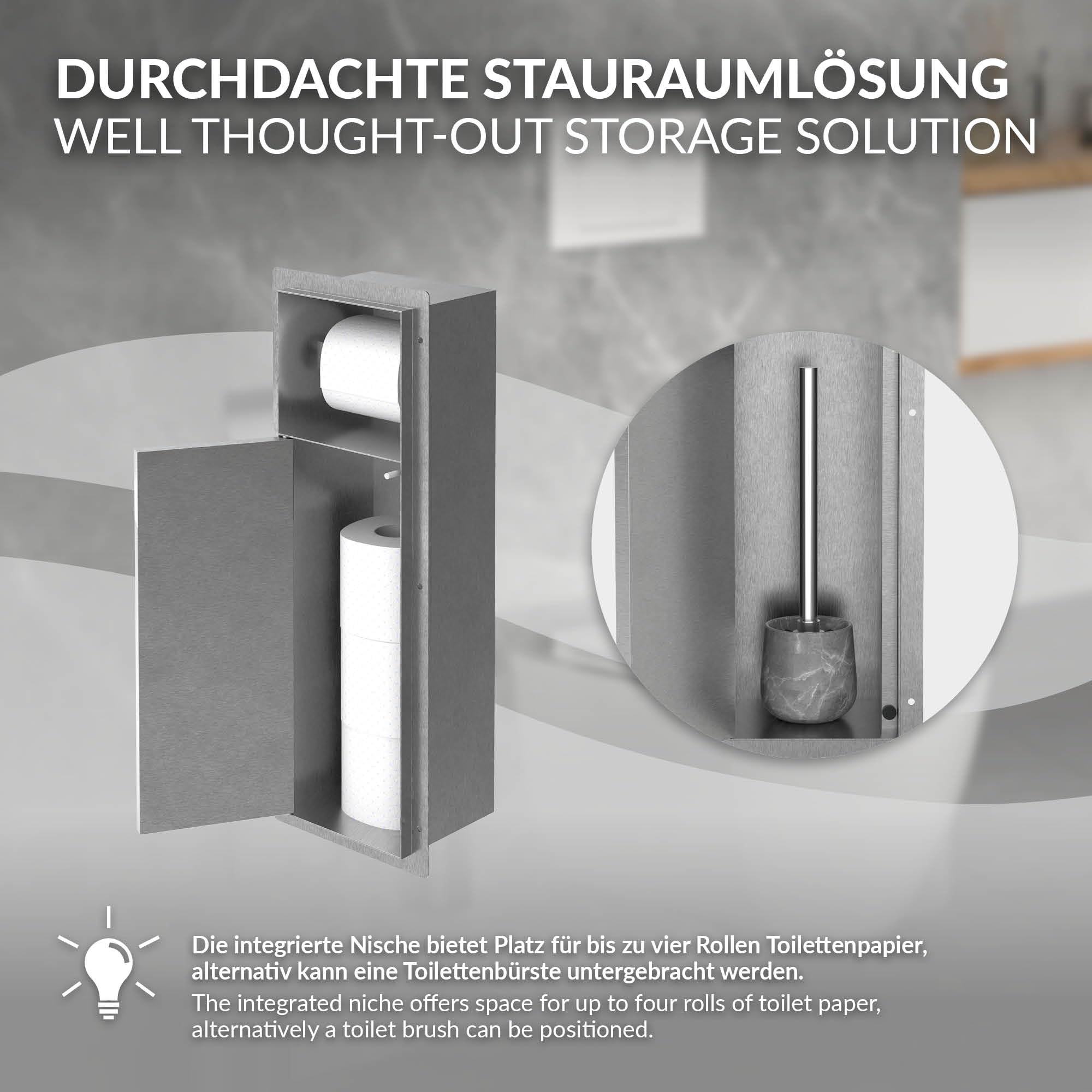 LuxeBath Unterputz-Schrankmodul aus Edelstahl für die Klobürstengarnitur, Silber, 60x20x14 cm, Badezimmerschrank mit Toilettenpapierhalter, Einbauschrank mit Toilettenbürste, WC Wandnische befliesbar